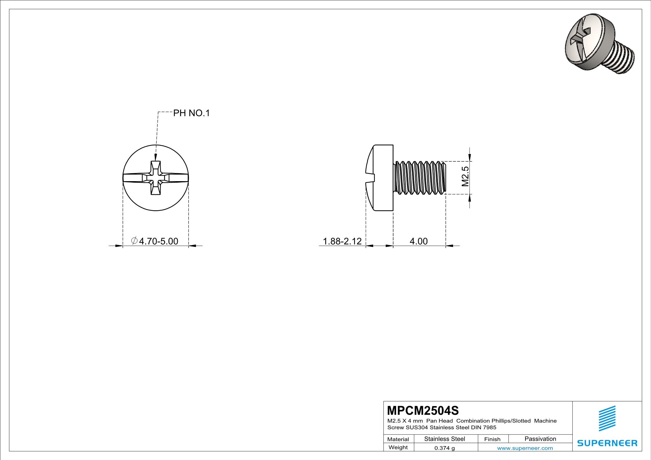 M2.5 x 4 mm  Pan Head  Combination Phillips/Slotted  Machine Screw SUS304 Stainless Steel Inox DIN 7985