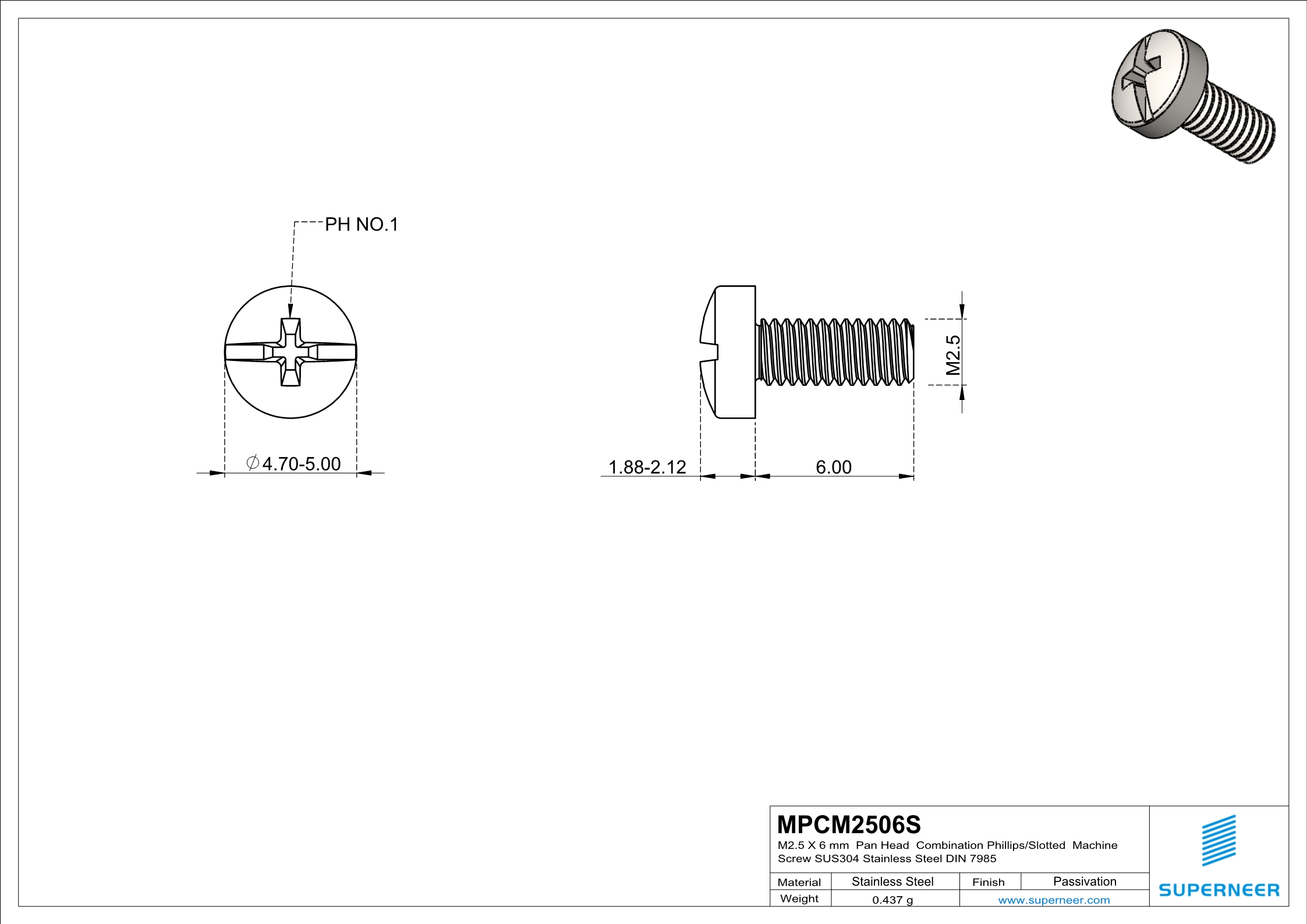 M2.5 x 6 mm  Pan Head  Combination Phillips/Slotted  Machine Screw SUS304 Stainless Steel Inox DIN 7985