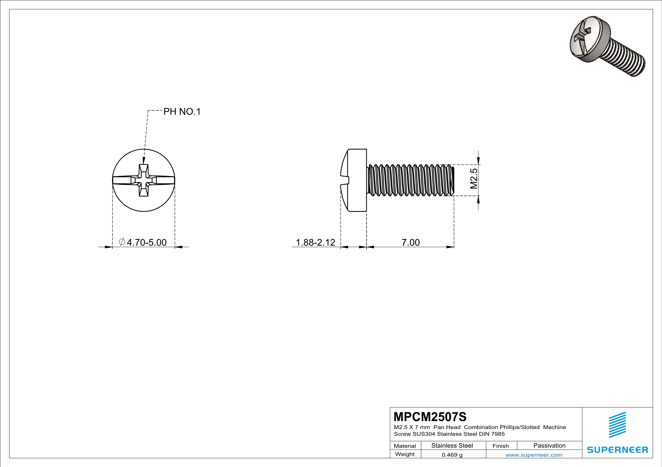 M2.5 x 7 mm  Pan Head  Combination Phillips/Slotted  Machine Screw SUS304 Stainless Steel Inox DIN 7985