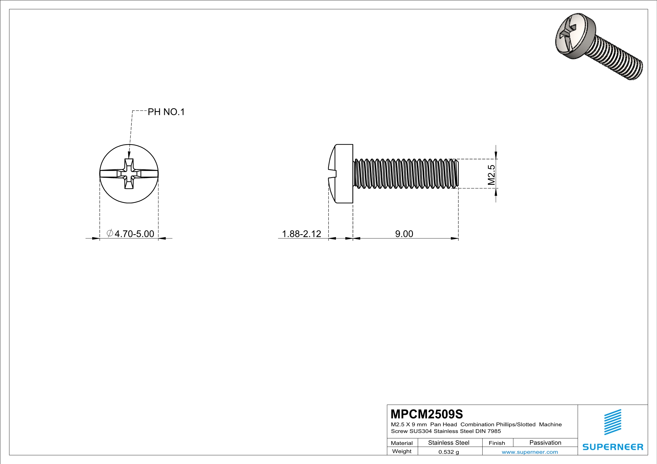 M2.5 x 9 mm  Pan Head  Combination Phillips/Slotted  Machine Screw SUS304 Stainless Steel Inox DIN 7985