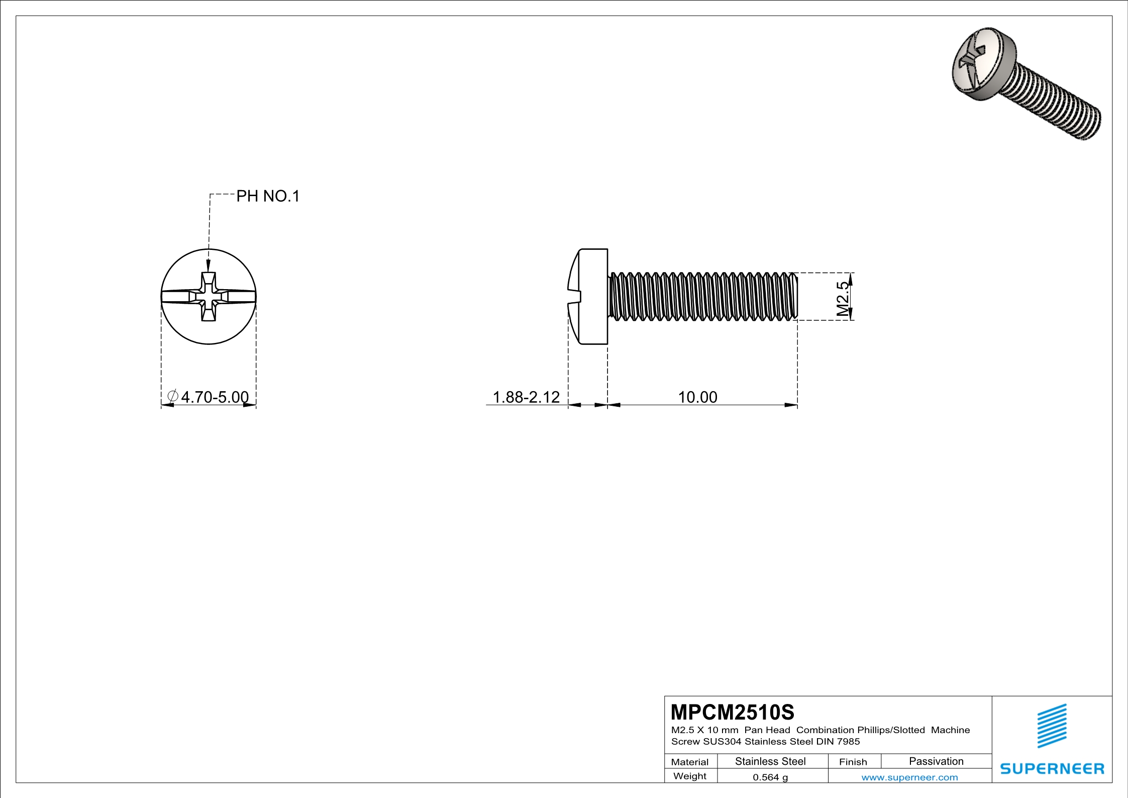 M2.5 x 10 mm  Pan Head  Combination Phillips/Slotted  Machine Screw SUS304 Stainless Steel Inox DIN 7985