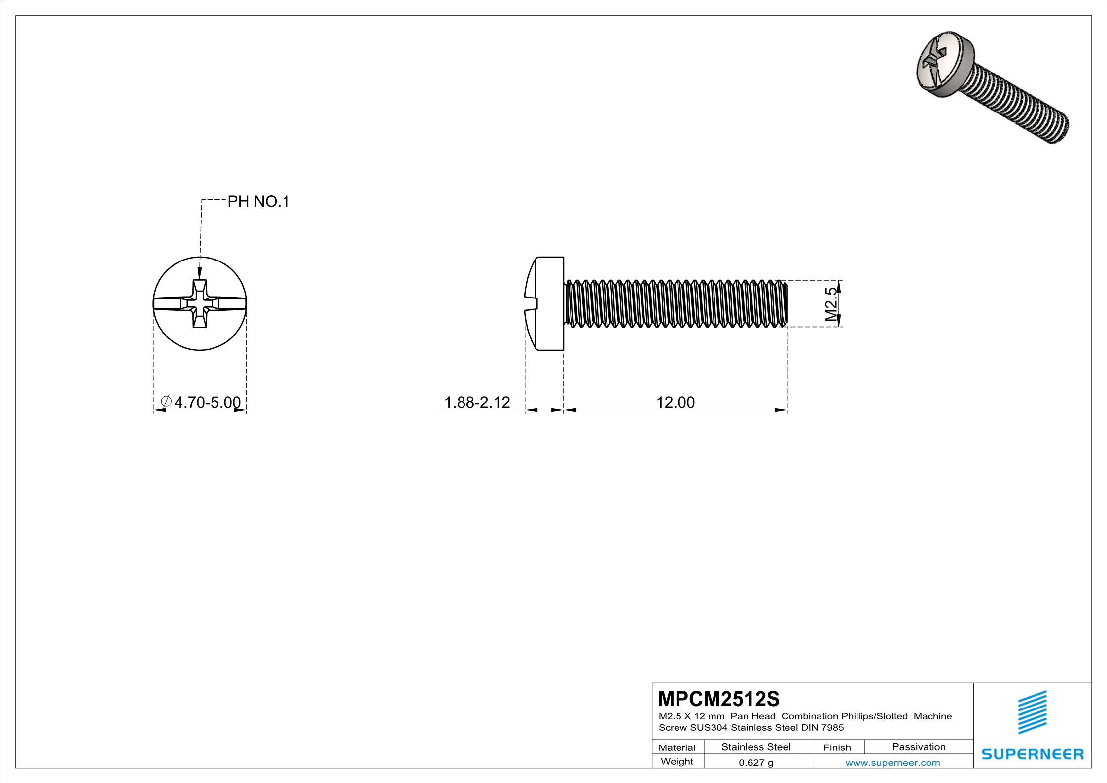 M2.5 x 12 mm  Pan Head  Combination Phillips/Slotted  Machine Screw SUS304 Stainless Steel Inox DIN 7985