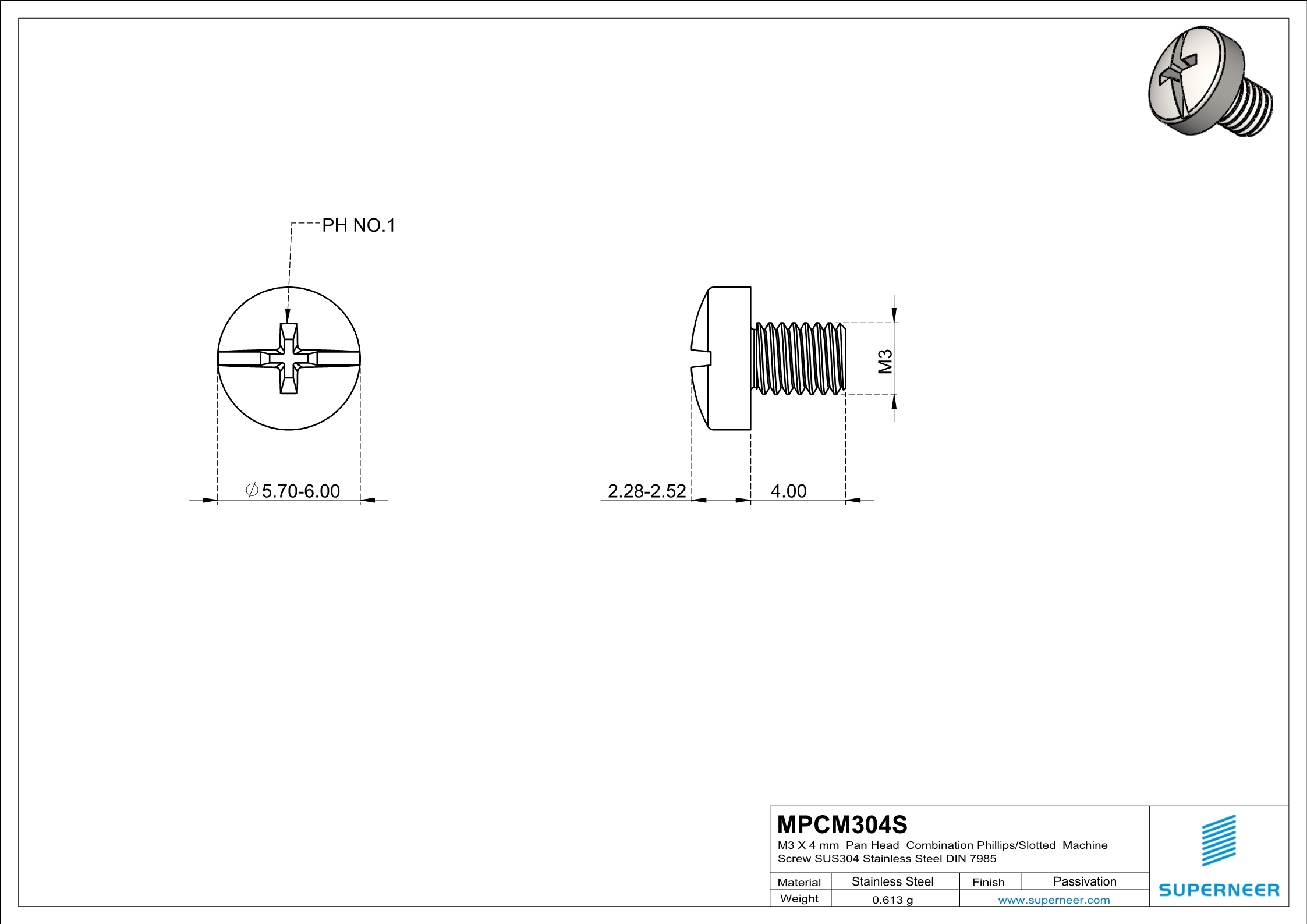 M3 x 4 mm  Pan Head  Combination Phillips/Slotted  Machine Screw SUS304 Stainless Steel Inox DIN 7985