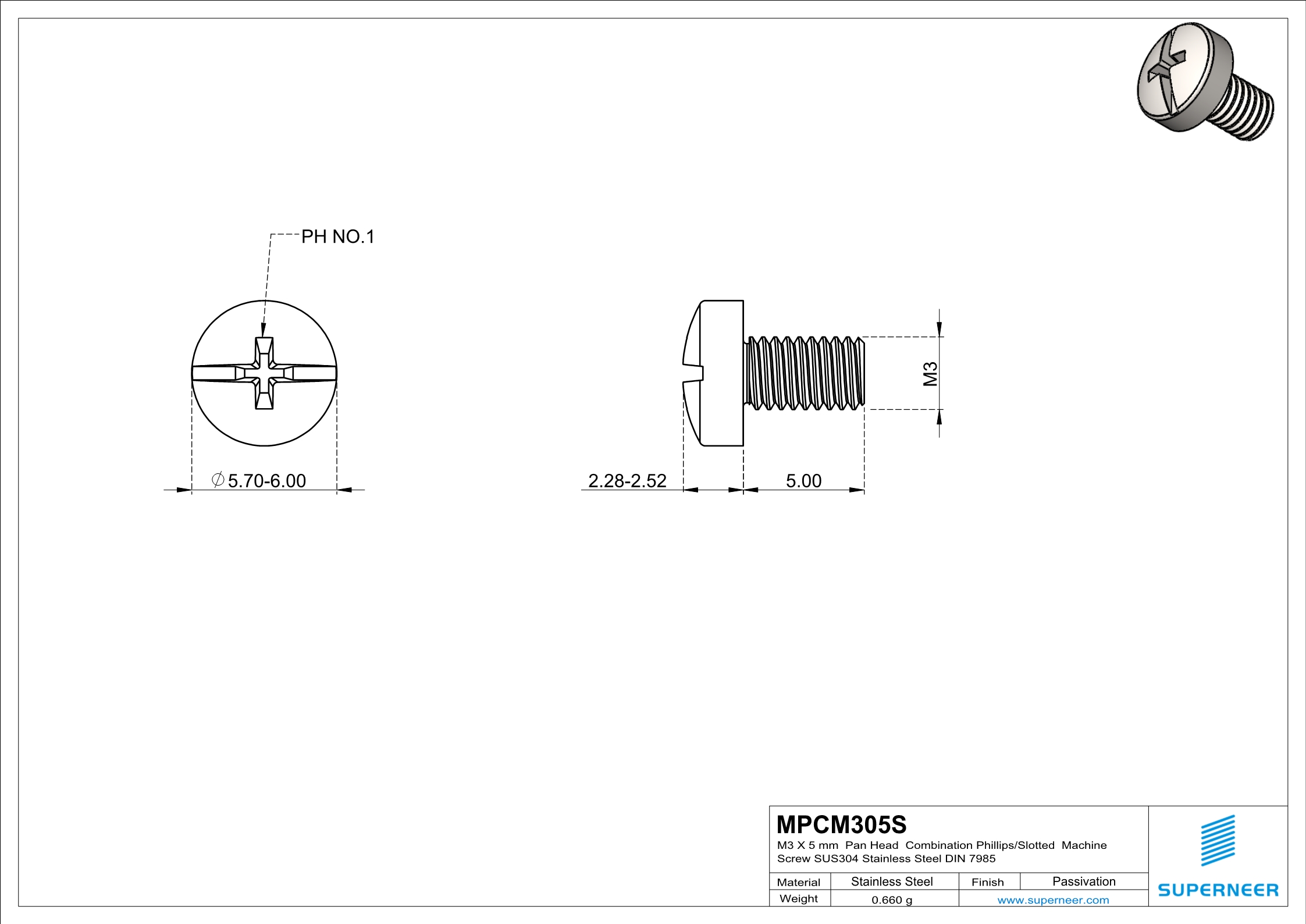 M3 x 5 mm  Pan Head  Combination Phillips/Slotted  Machine Screw SUS304 Stainless Steel Inox DIN 7985