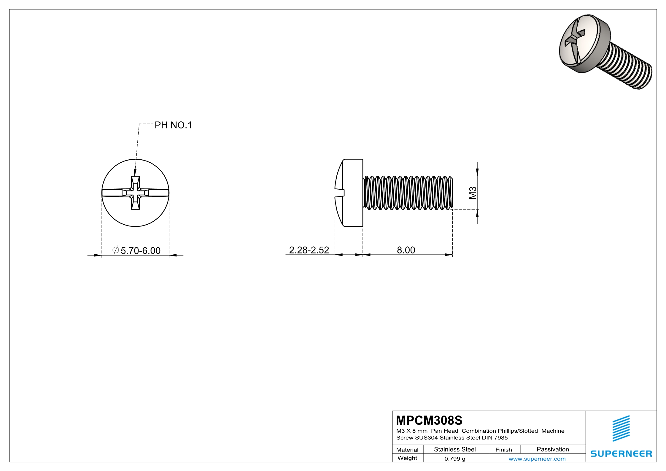 M3 x 8 mm  Pan Head  Combination Phillips/Slotted  Machine Screw SUS304 Stainless Steel Inox DIN 7985