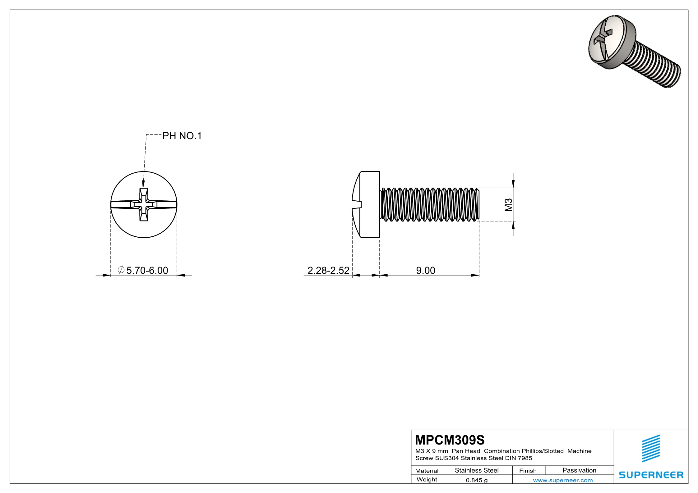 M3 x 9 mm  Pan Head  Combination Phillips/Slotted  Machine Screw SUS304 Stainless Steel Inox DIN 7985