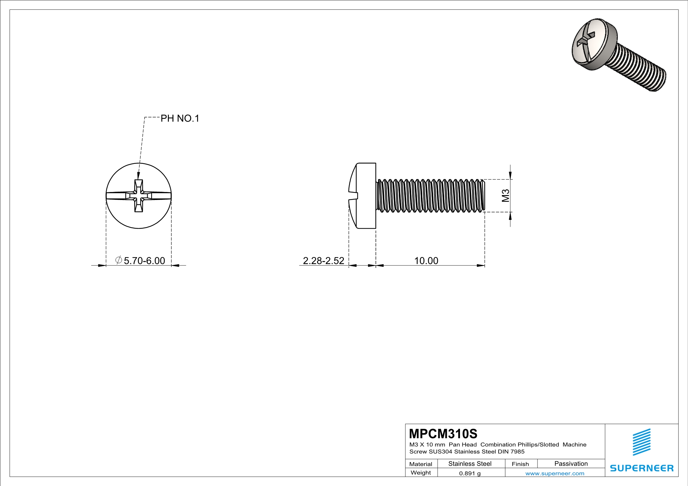 M3 x 10 mm  Pan Head  Combination Phillips/Slotted  Machine Screw SUS304 Stainless Steel Inox DIN 7985