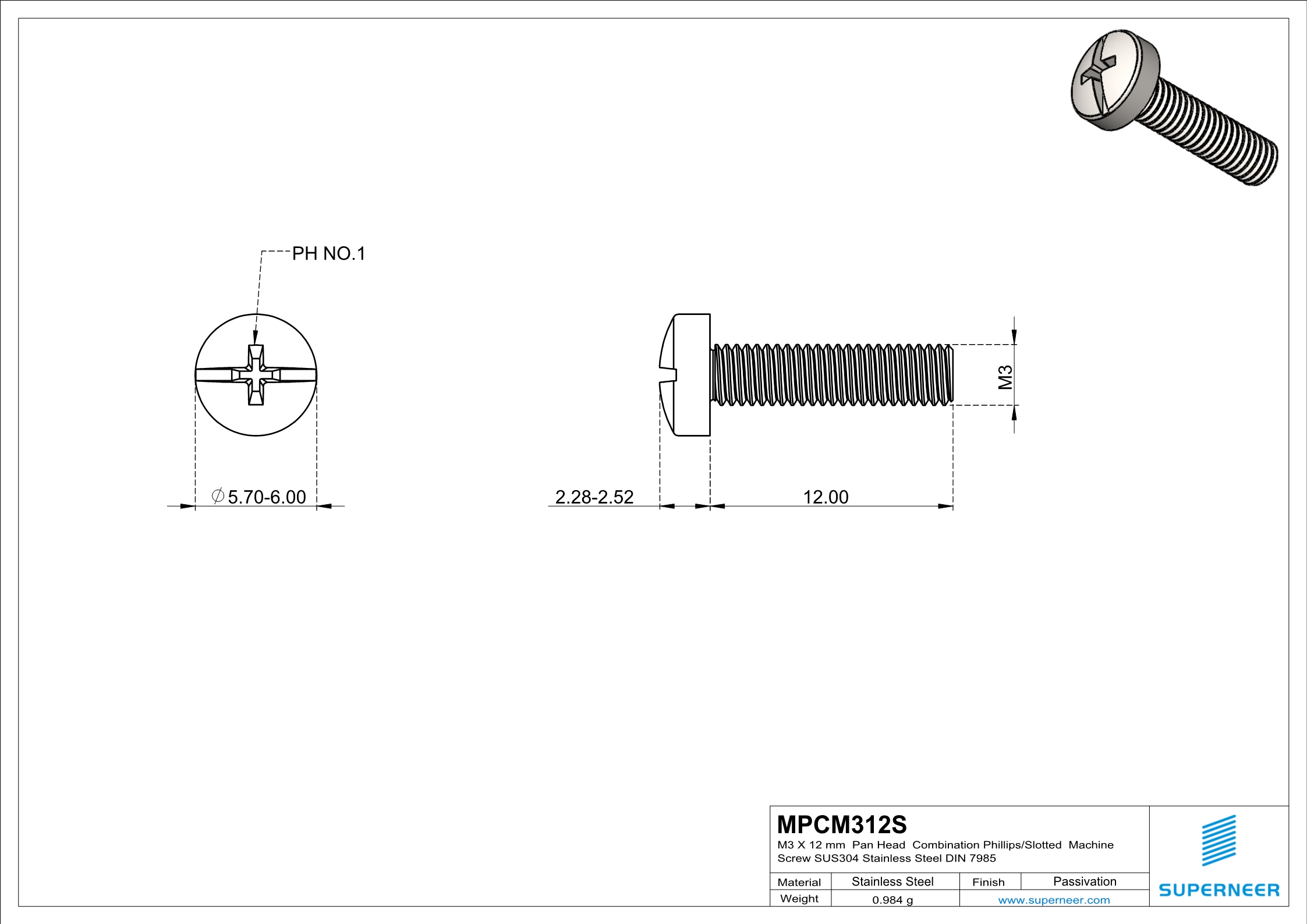 M3 x 12 mm  Pan Head  Combination Phillips/Slotted  Machine Screw SUS304 Stainless Steel Inox DIN 7985