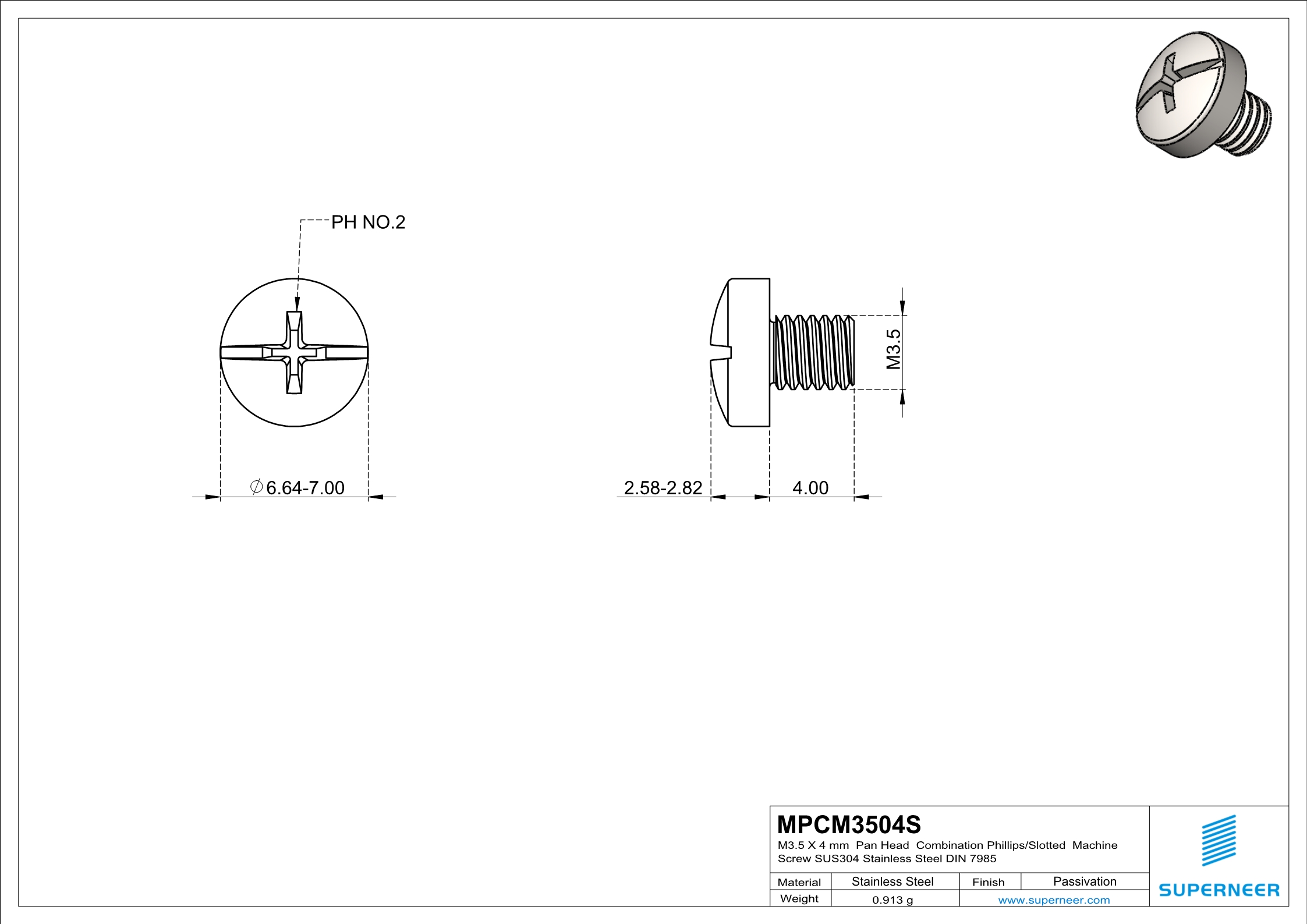 M3.5 x 4 mm  Pan Head  Combination Phillips/Slotted  Machine Screw SUS304 Stainless Steel Inox DIN 7985