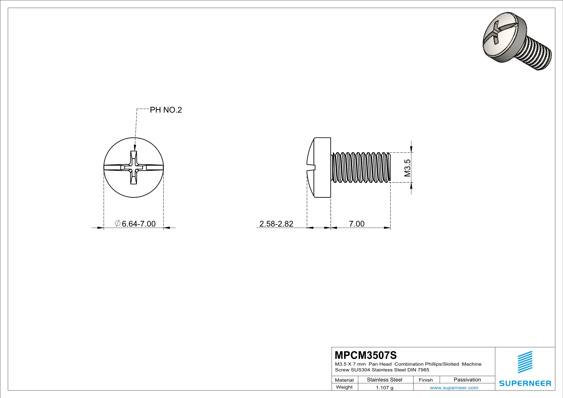 M3.5 x 7 mm  Pan Head  Combination Phillips/Slotted  Machine Screw SUS304 Stainless Steel Inox DIN 7985