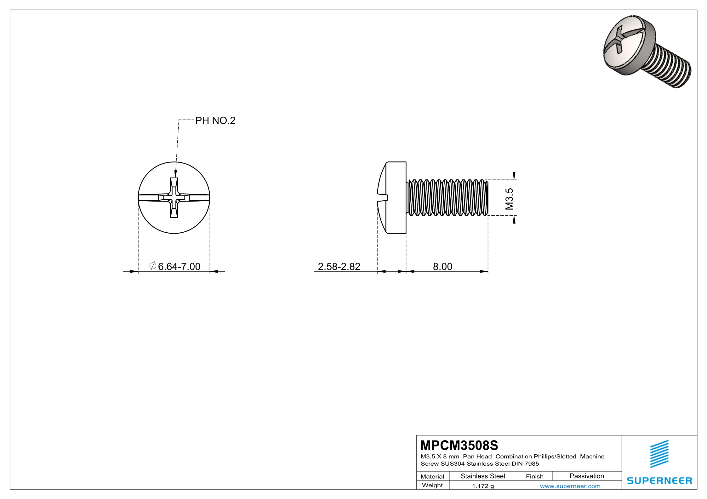 M3.5 x 8 mm  Pan Head   Combination Phillips/Slotted  Machine Screw SUS304 Stainless Steel Inox DIN 7985