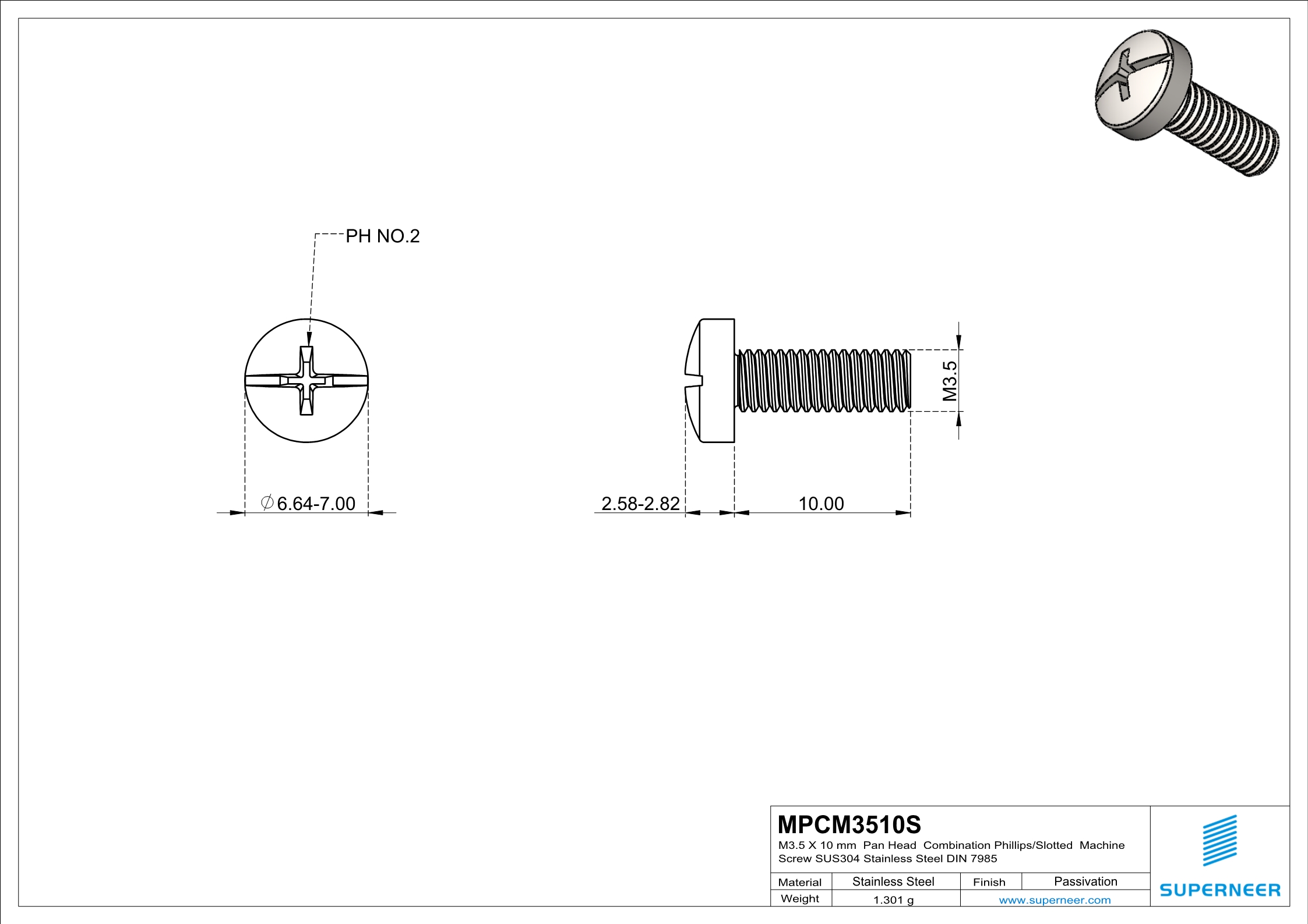 M3.5 x 10 mm  Pan Head   Combination Phillips/Slotted  Machine Screw SUS304 Stainless Steel Inox DIN 7985