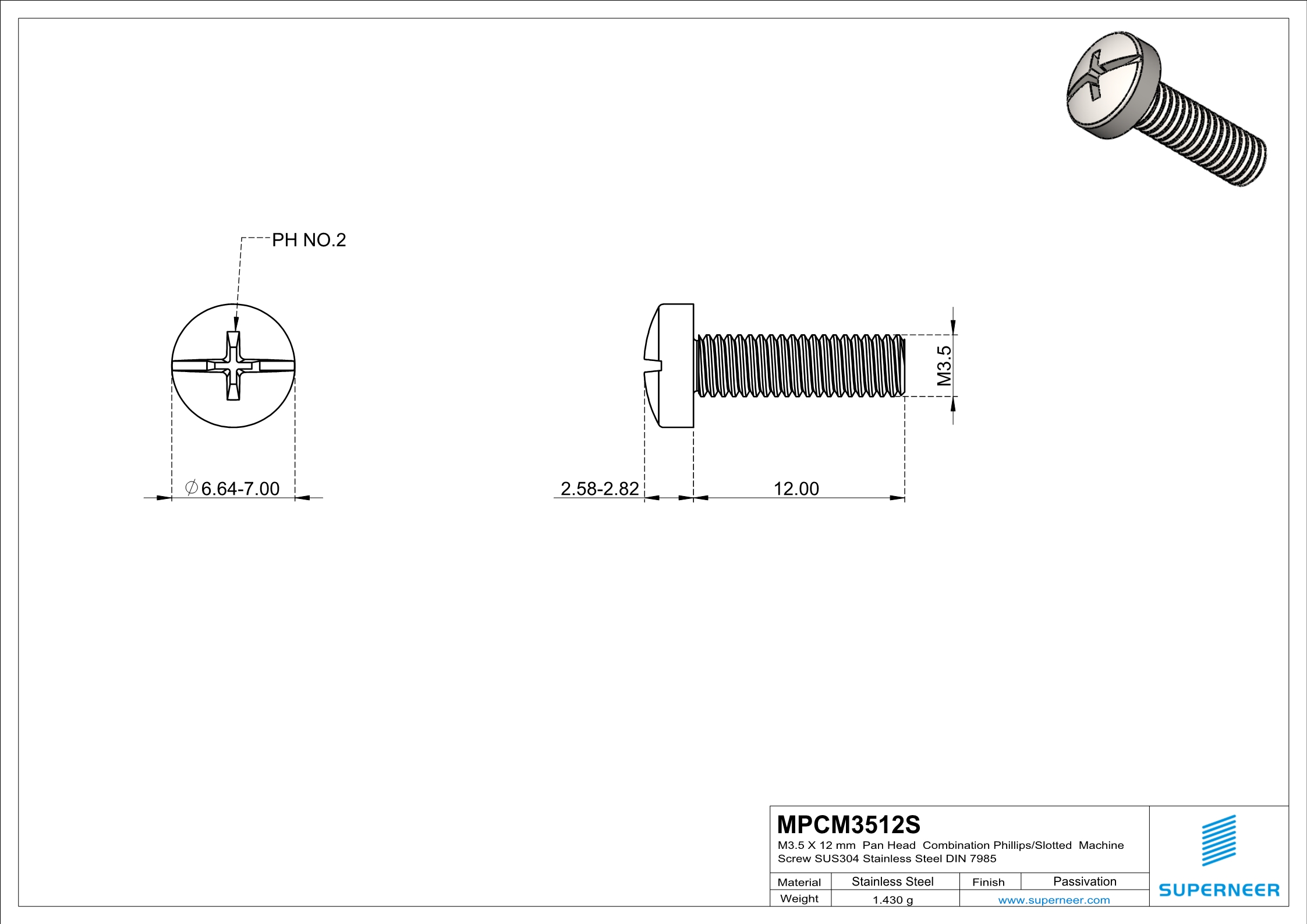 M3.5 x 12 mm  Pan Head   Combination Phillips/Slotted  Machine Screw SUS304 Stainless Steel Inox DIN 7985