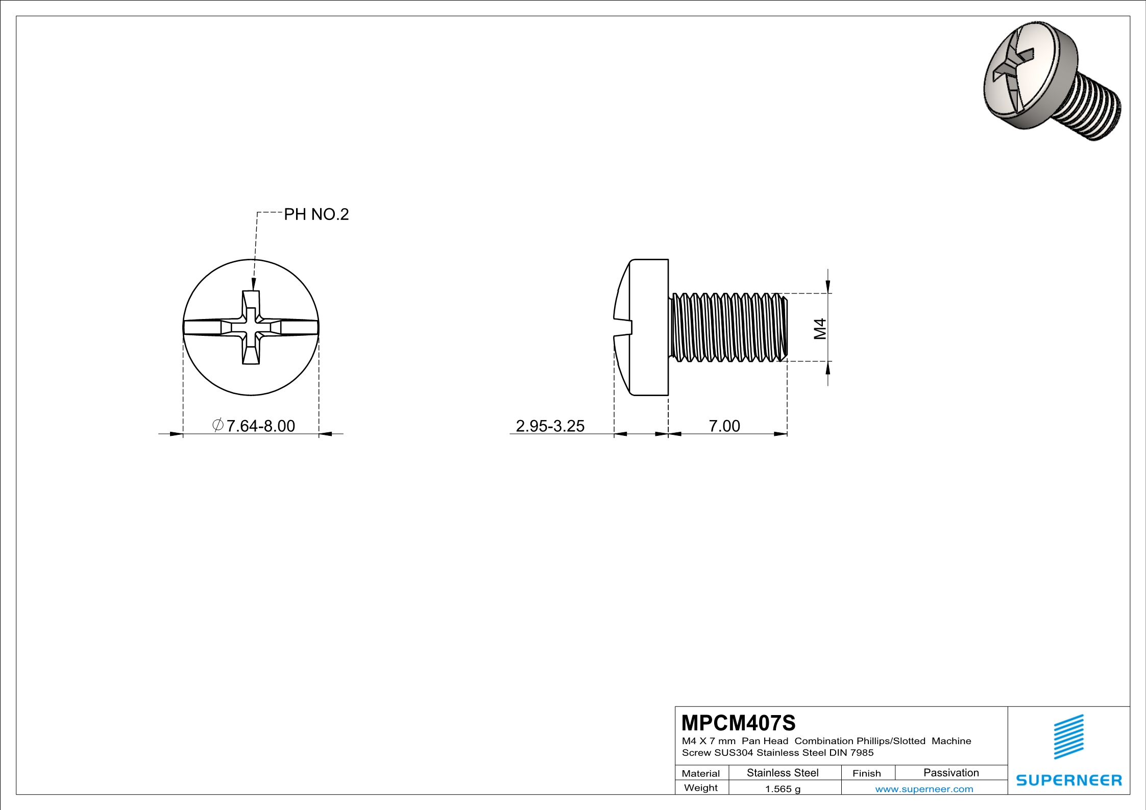 M4 x 7 mm  Pan Head   Combination Phillips/Slotted  Machine Screw SUS304 Stainless Steel Inox DIN 7985