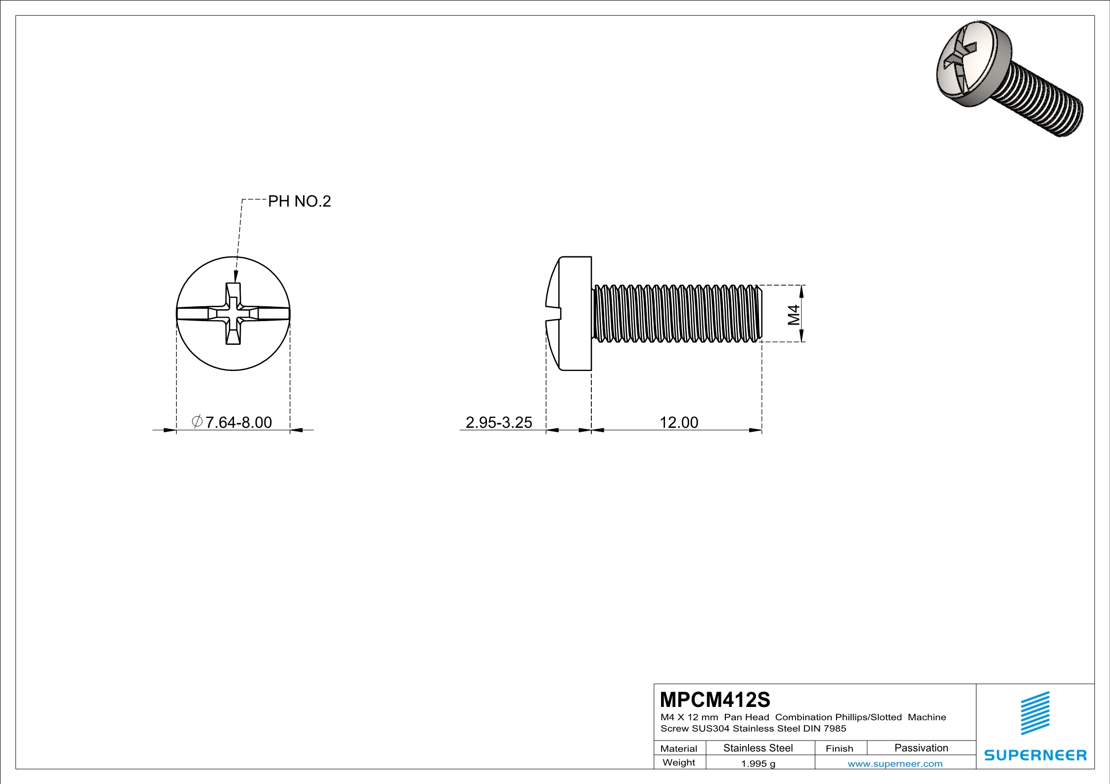 M4 x 12 mm  Pan Head   Combination Phillips/Slotted  Machine Screw SUS304 Stainless Steel Inox DIN 7985