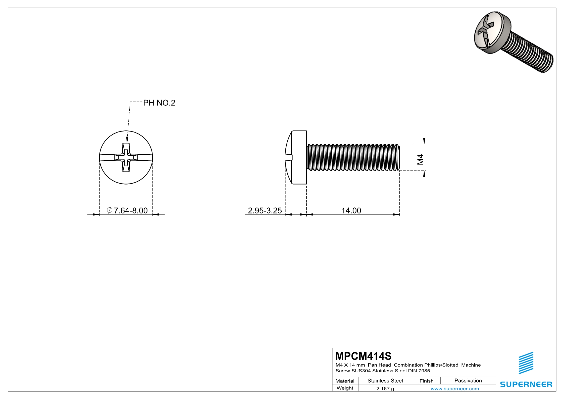 M4 x 14 mm  Pan Head   Combination Phillips/Slotted  Machine Screw SUS304 Stainless Steel Inox DIN 7985