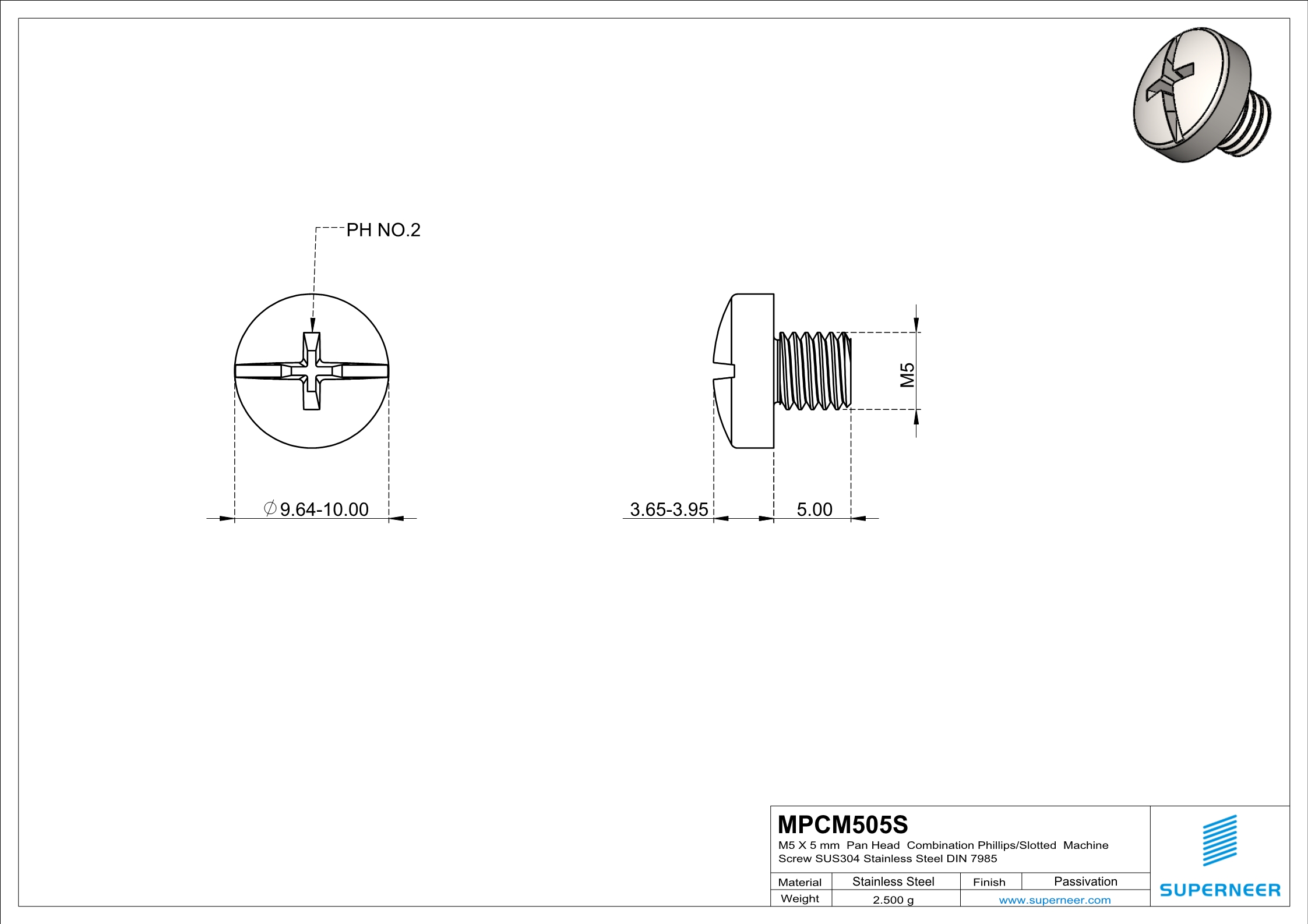 M5 x 5 mm  Pan Head   Combination Phillips/Slotted  Machine Screw SUS304 Stainless Steel Inox DIN 7985