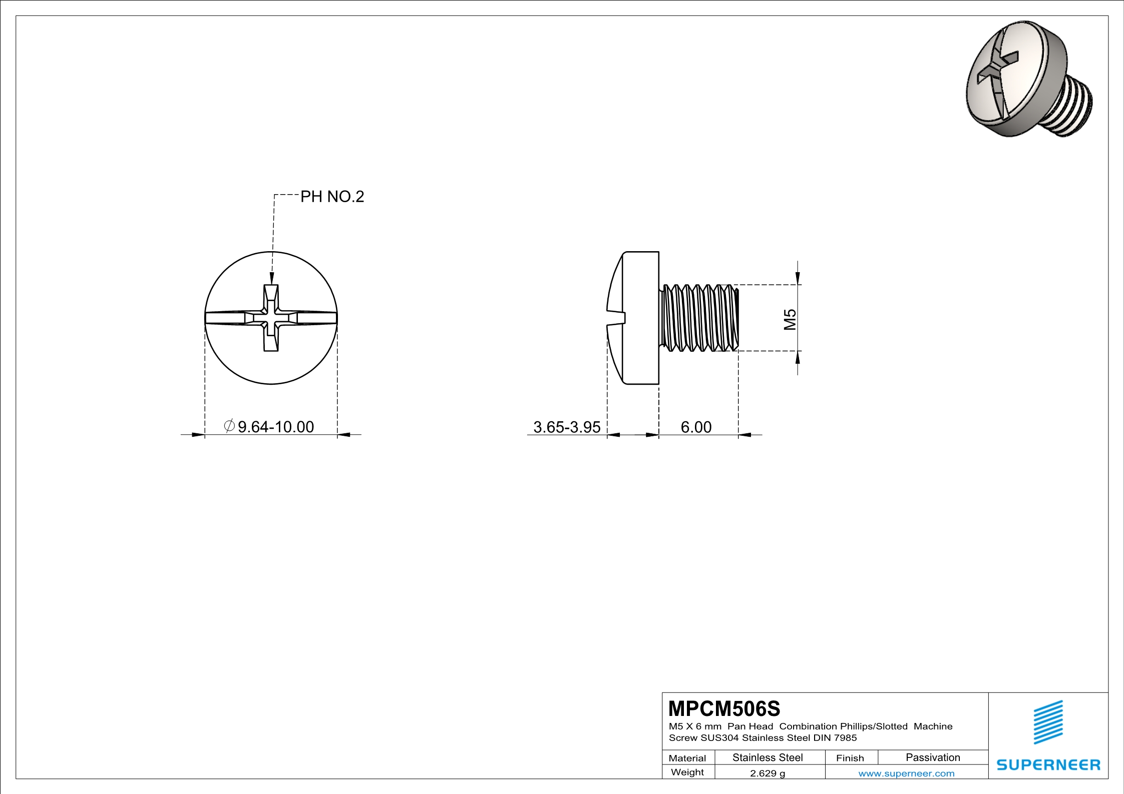 M5 x 6 mm  Pan Head   Combination Phillips/Slotted  Machine Screw SUS304 Stainless Steel Inox DIN 7985