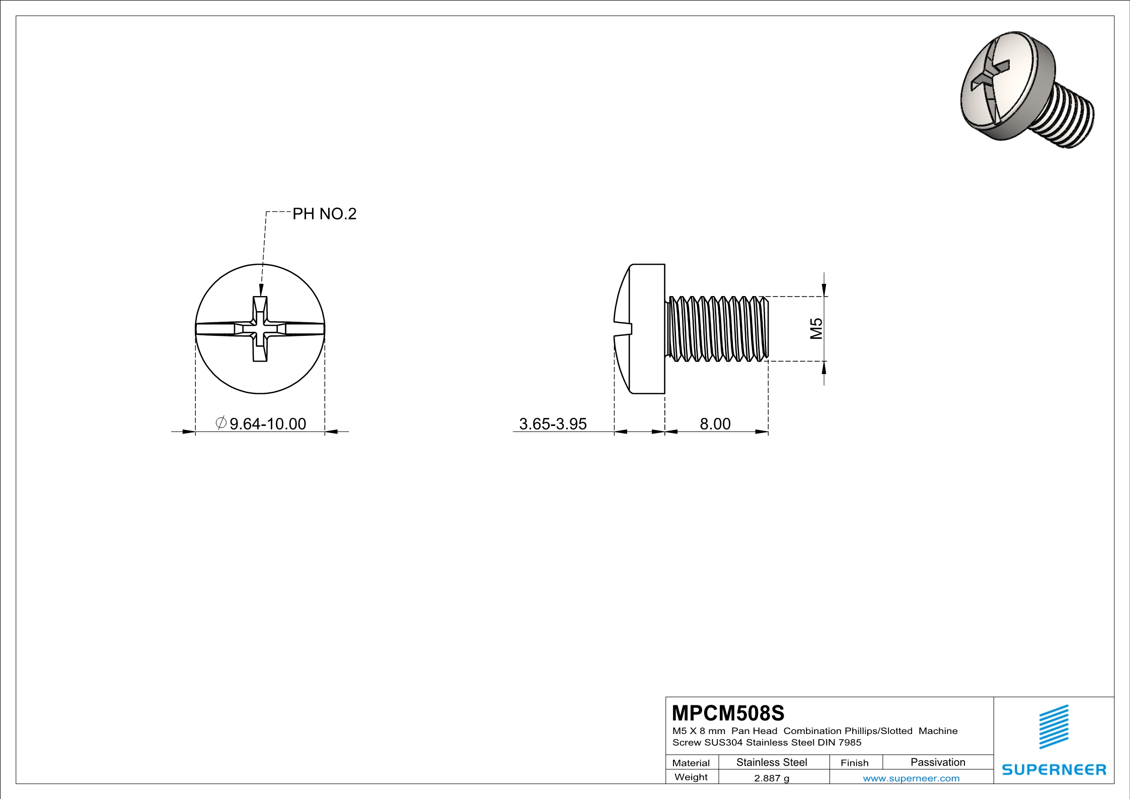 M5 x 8 mm  Pan Head   Combination Phillips/Slotted  Machine Screw SUS304 Stainless Steel Inox DIN 7985