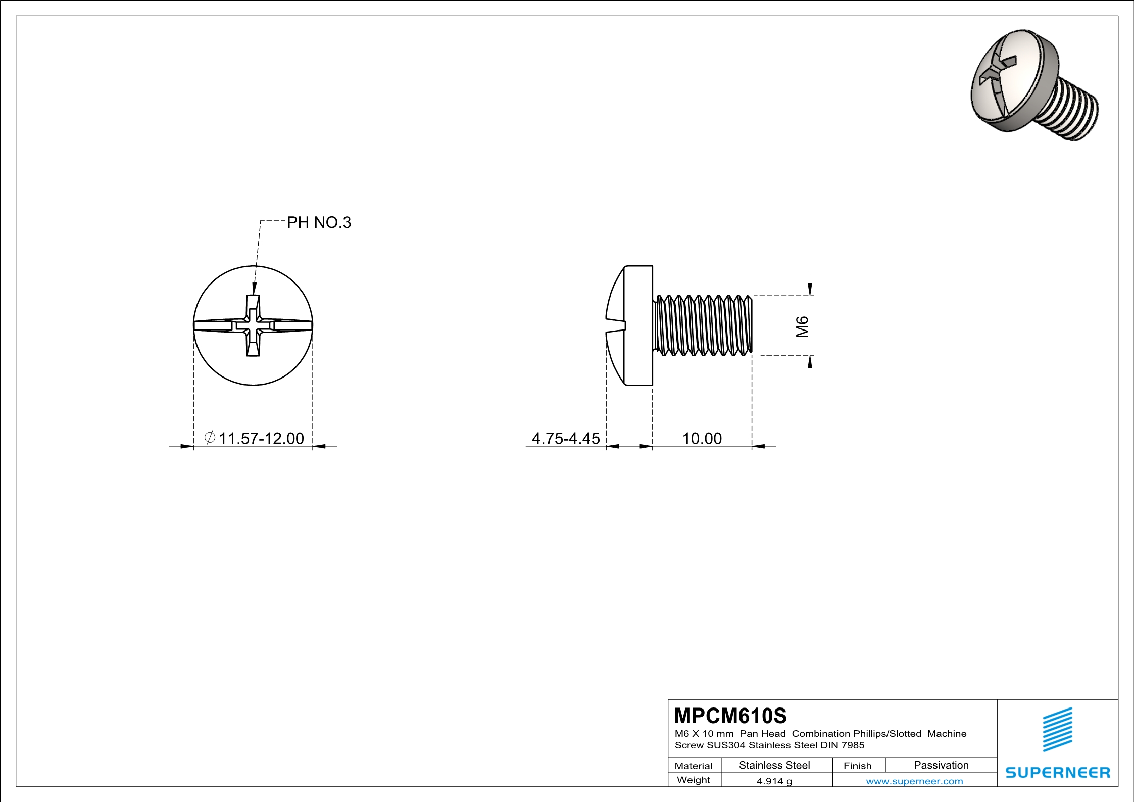 M6 x 10 mm  Pan Head   Combination Phillips/Slotted  Machine Screw SUS304 Stainless Steel Inox DIN 7985