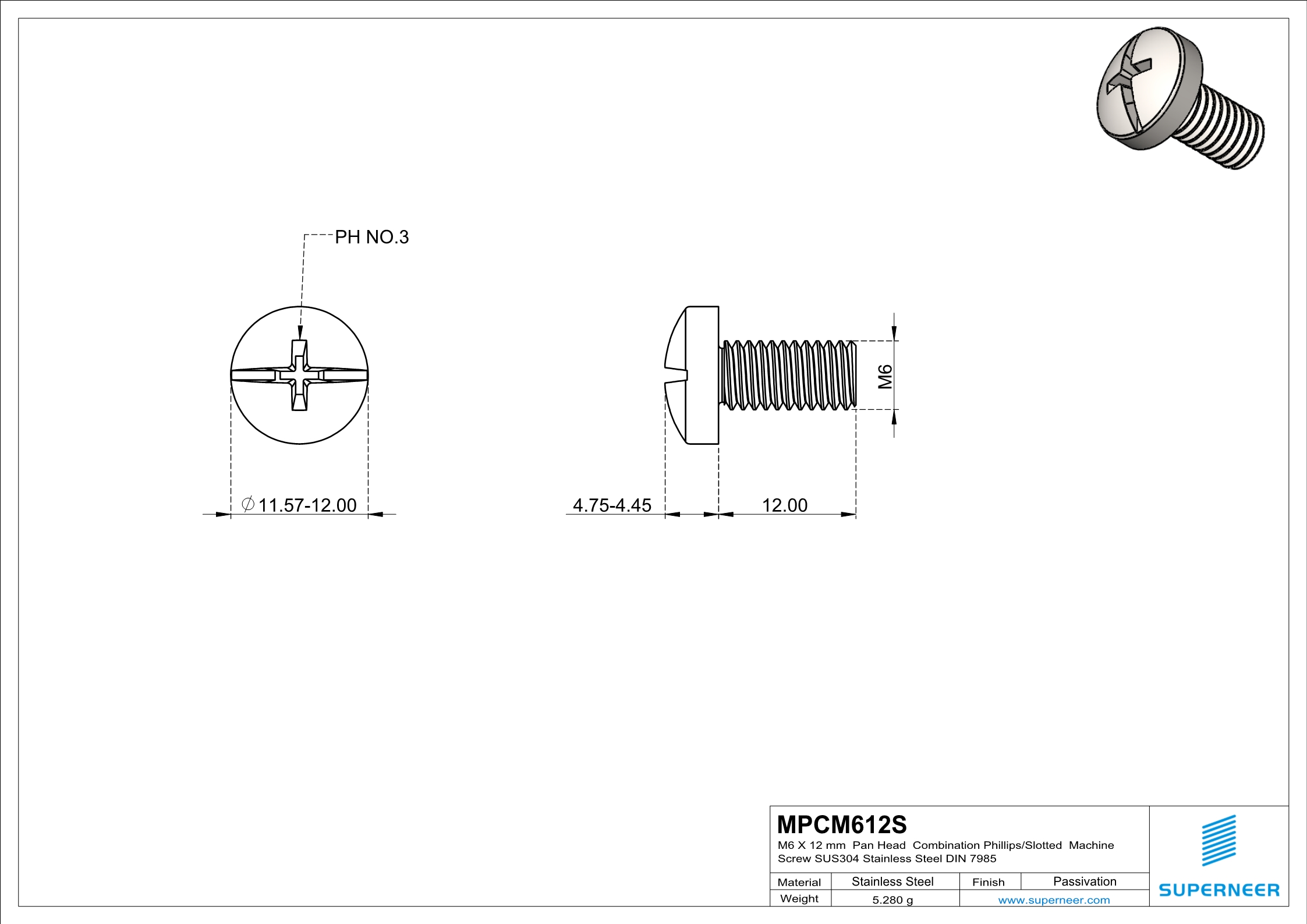 M6 x 12 mm  Pan Head   Combination Phillips/Slotted  Machine Screw SUS304 Stainless Steel Inox DIN 7985