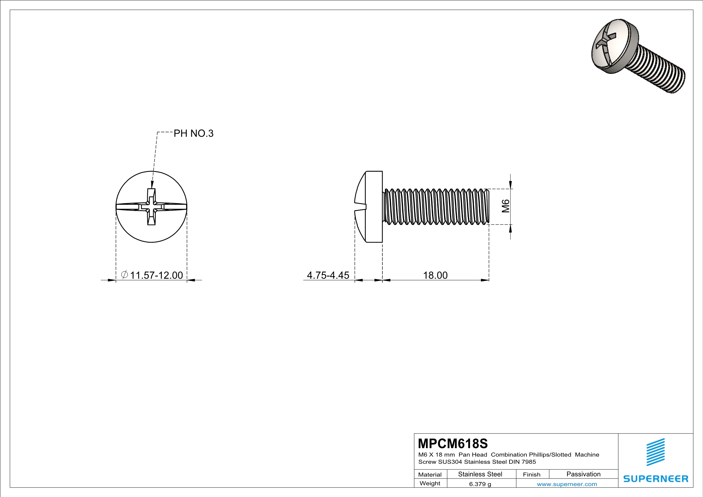 M6 x 18 mm  Pan Head   Combination Phillips/Slotted  Machine Screw SUS304 Stainless Steel Inox DIN 7985