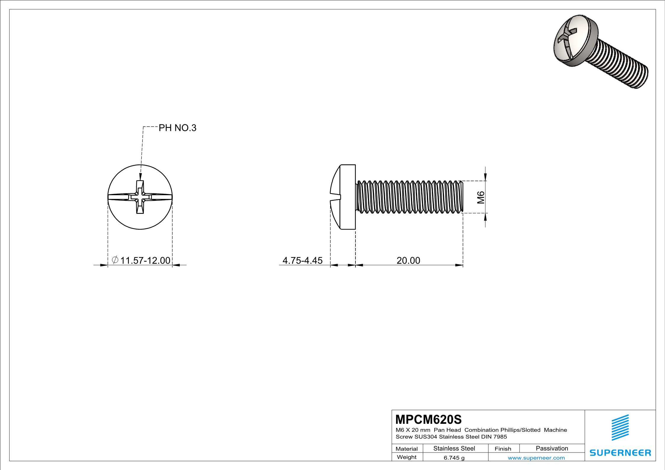 M6 x 20 mm  Pan Head   Combination Phillips/Slotted  Machine Screw SUS304 Stainless Steel Inox DIN 7985