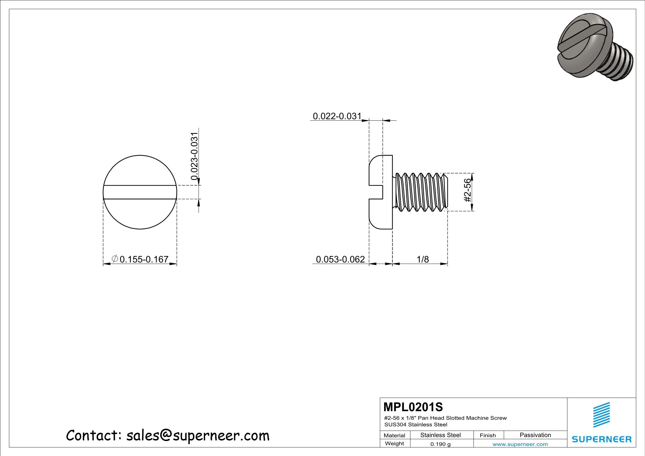 2-56 x 1/8" Pan Head Slotted Machine Screw SUS304 Stainless Steel Inox