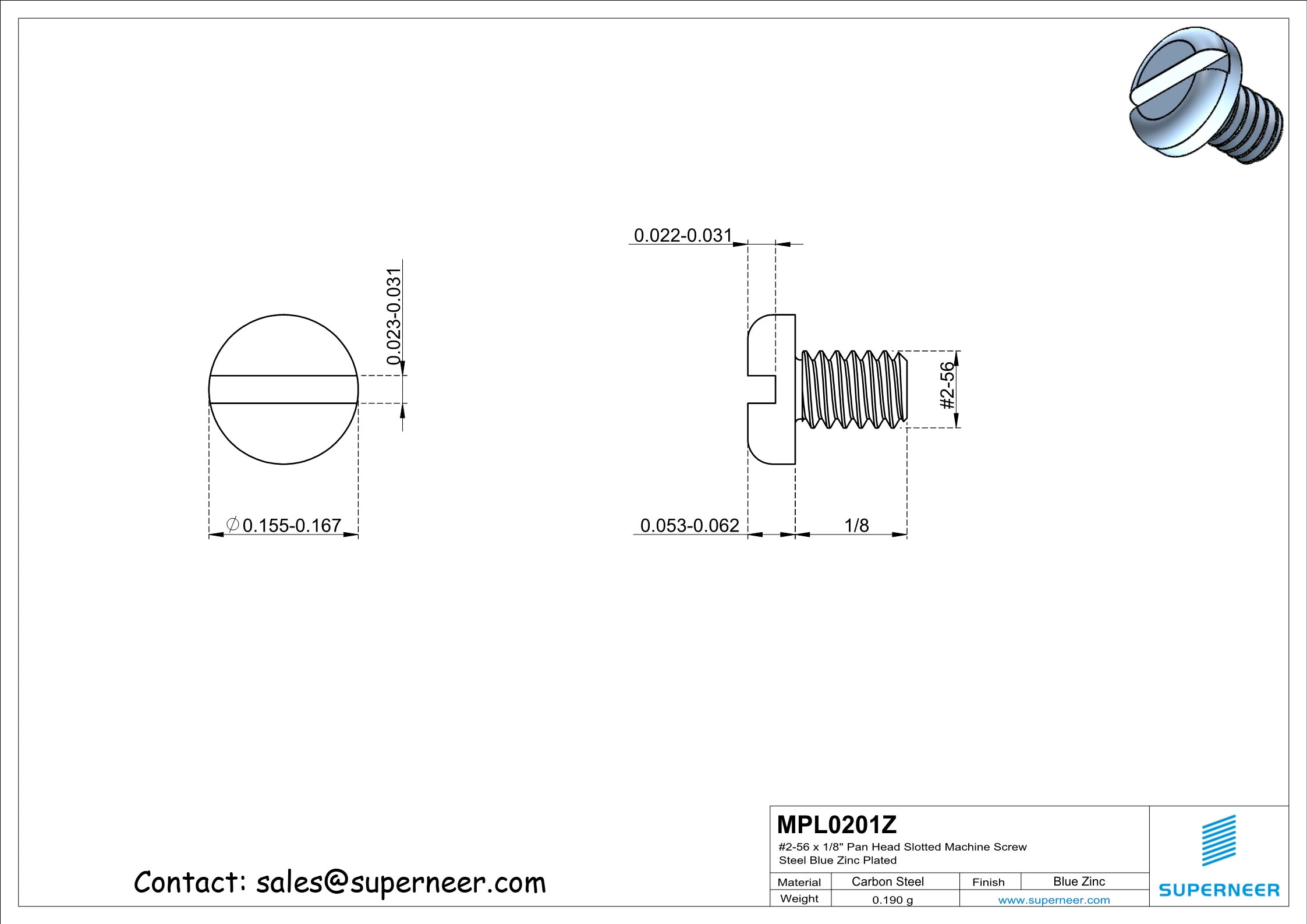 2-56 x 1/8" Pan Head Slotted Machine Screw Steel Blue Zinc Plated