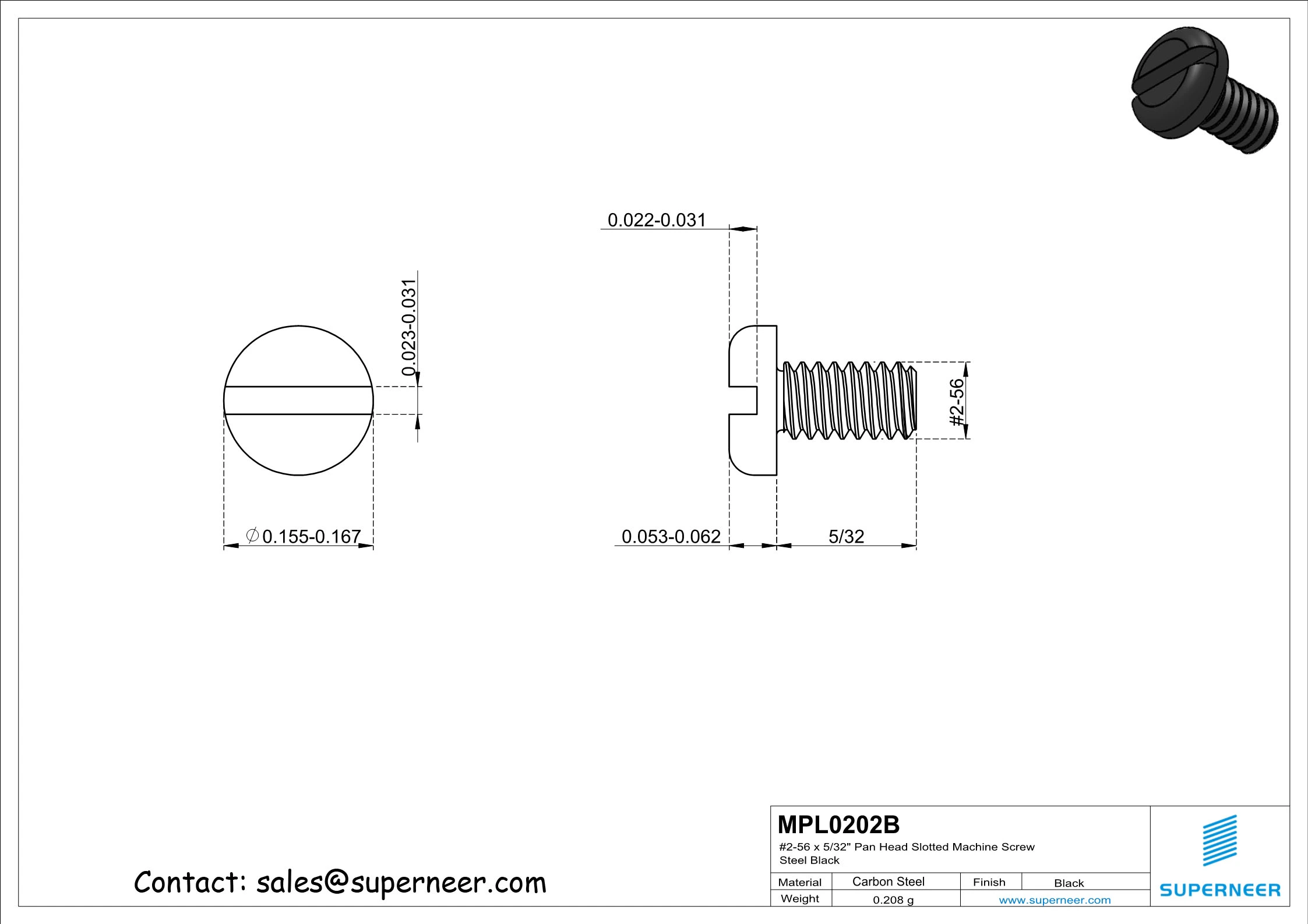 2-56 x 5/32" Pan Head Slotted Machine Screw Steel Black