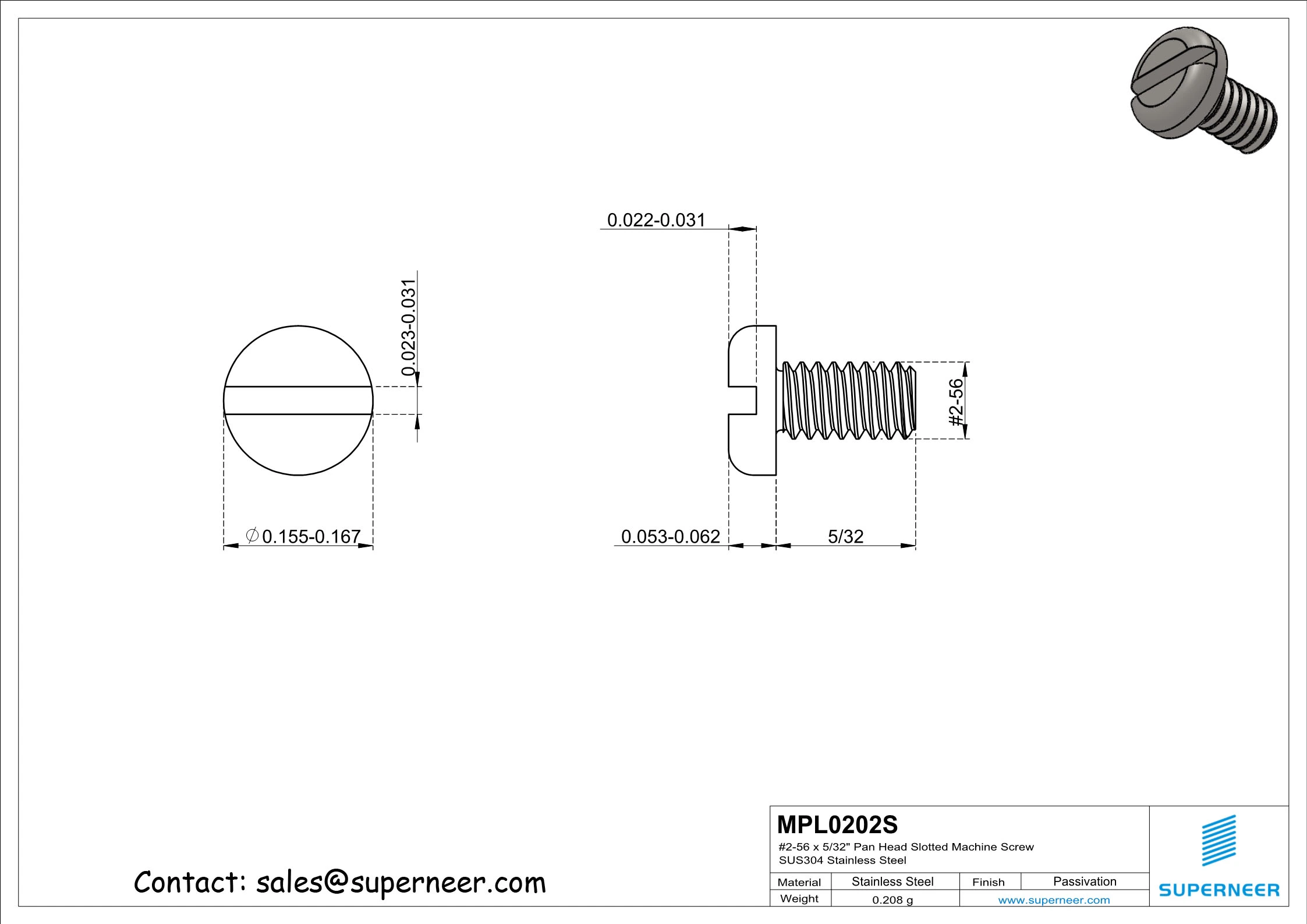 2-56 x 5/32" Pan Head Slotted Machine Screw SUS304 Stainless Steel Inox