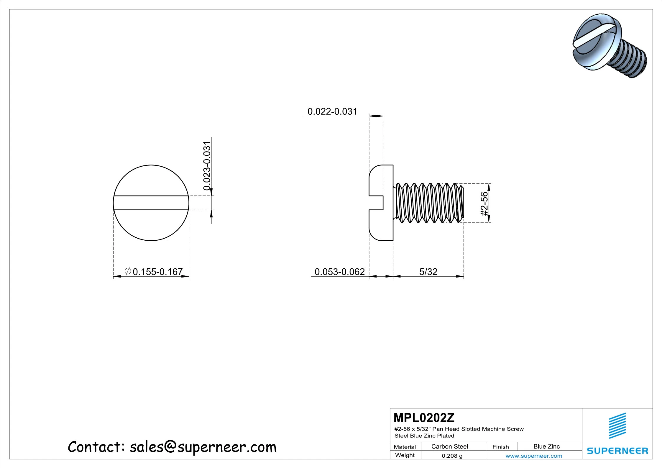 2-56 x 5/32" Pan Head Slotted Machine Screw Steel Blue Zinc Plated