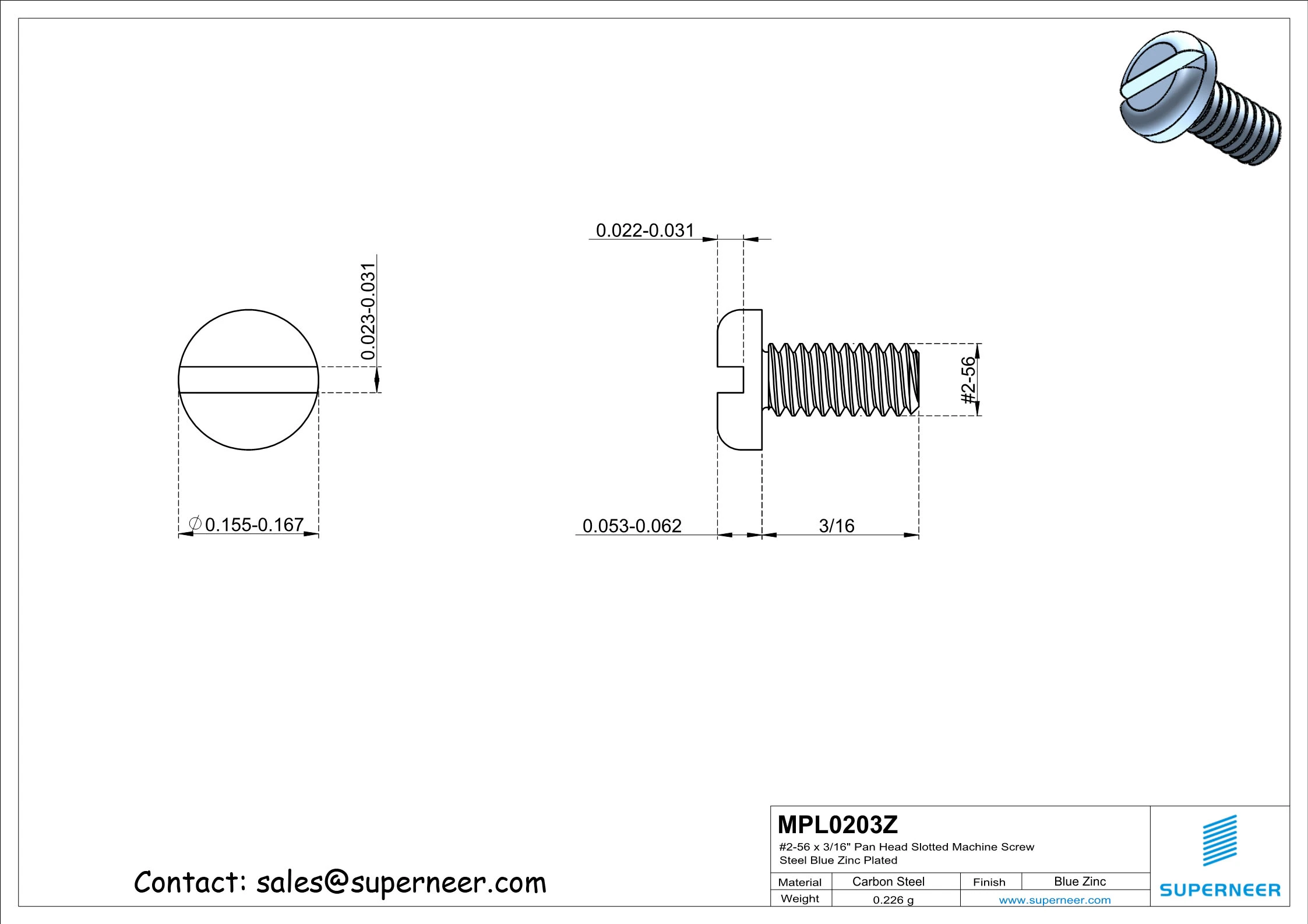 2-56 x 3/16" Pan Head Slotted Machine Screw Steel Blue Zinc Plated