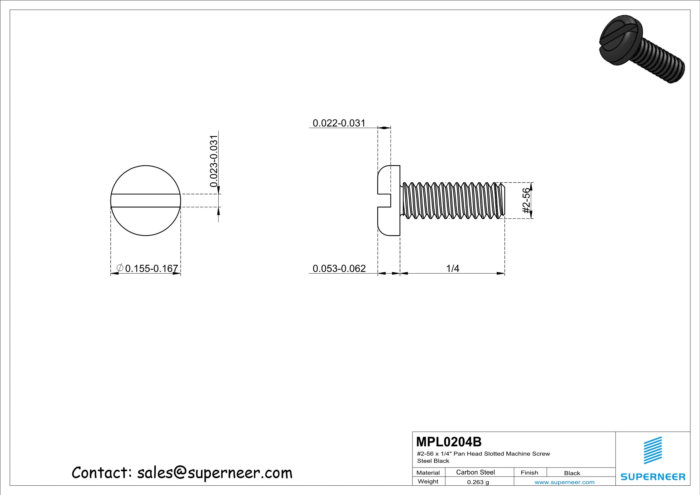 2-56 x 1/4" Pan Head Slotted Machine Screw Steel Black