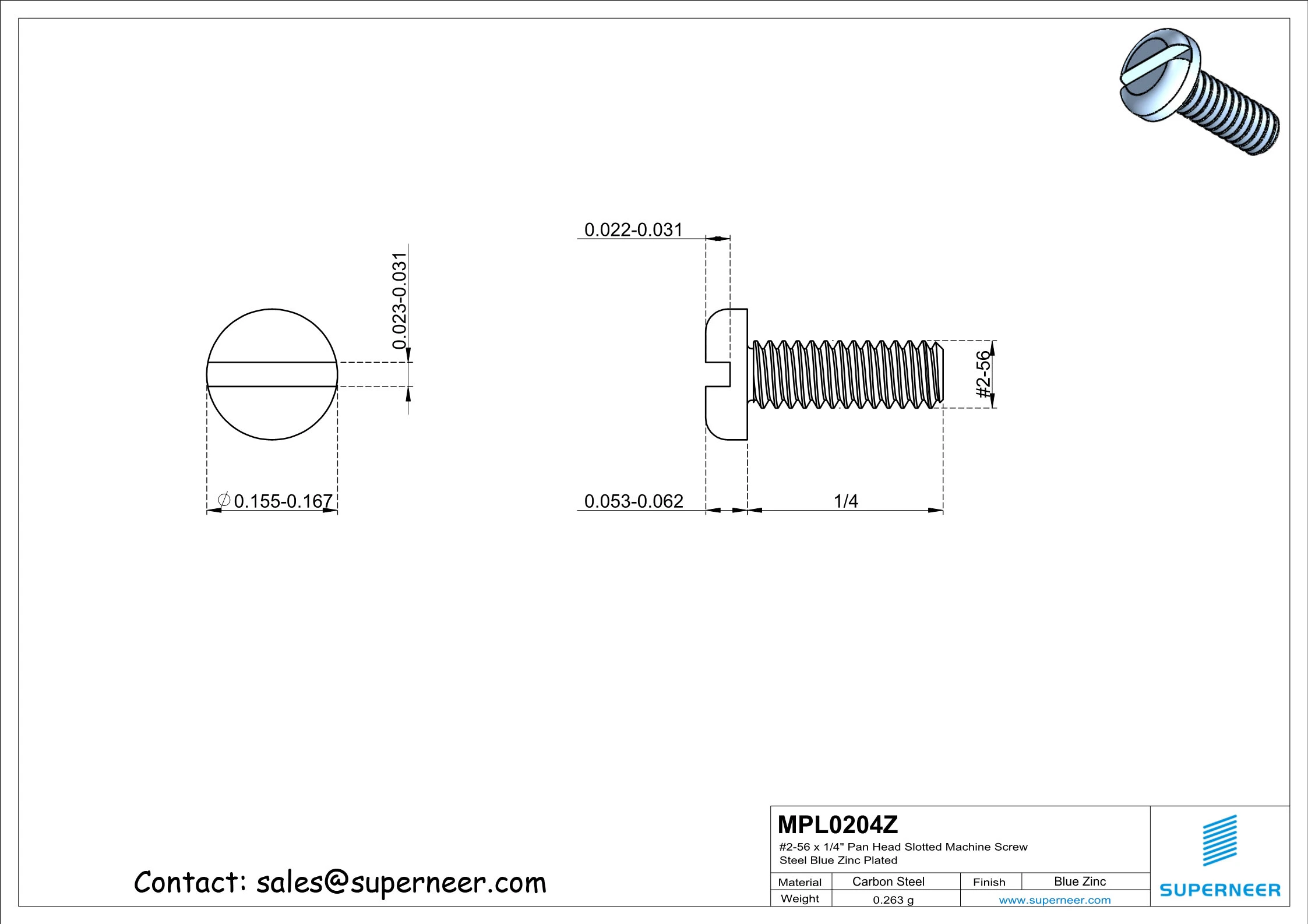 2-56 x 1/4" Pan Head Slotted Machine Screw Steel Blue Zinc Plated