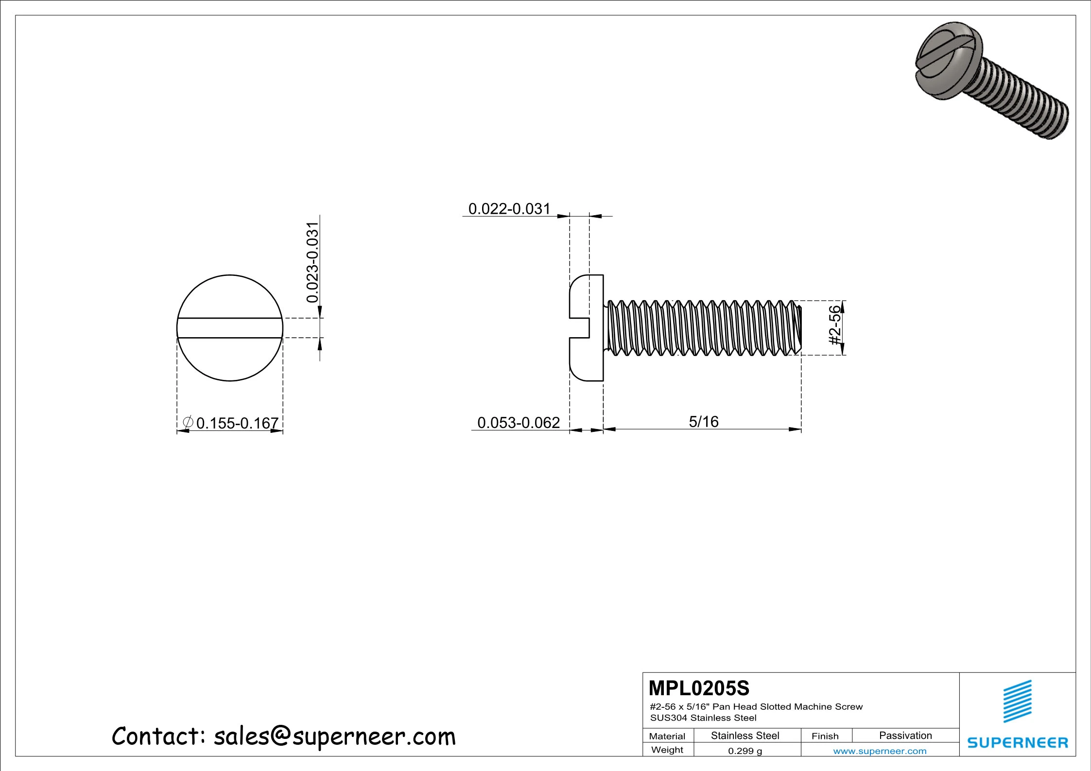 2-56 x 5/16" Pan Head Slotted Machine Screw SUS304 Stainless Steel Inox