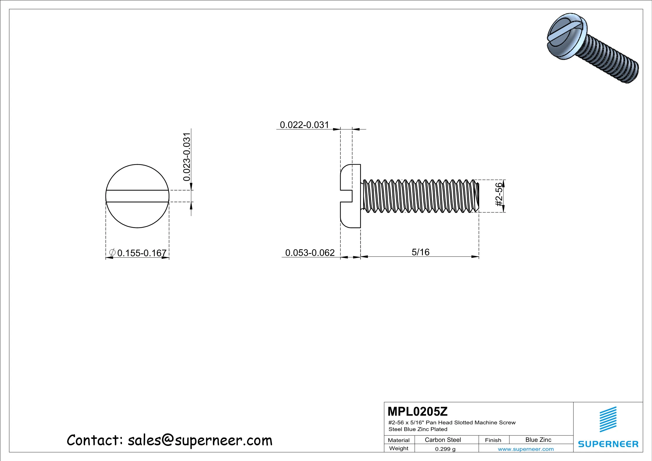 2-56 x 5/16" Pan Head Slotted Machine Screw Steel Blue Zinc Plated