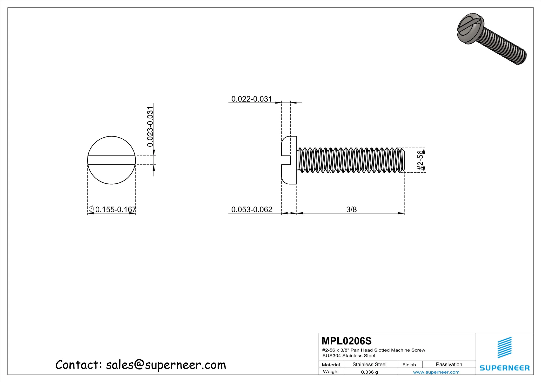 2-56 x 3/8" Pan Head Slotted Machine Screw SUS304 Stainless Steel Inox