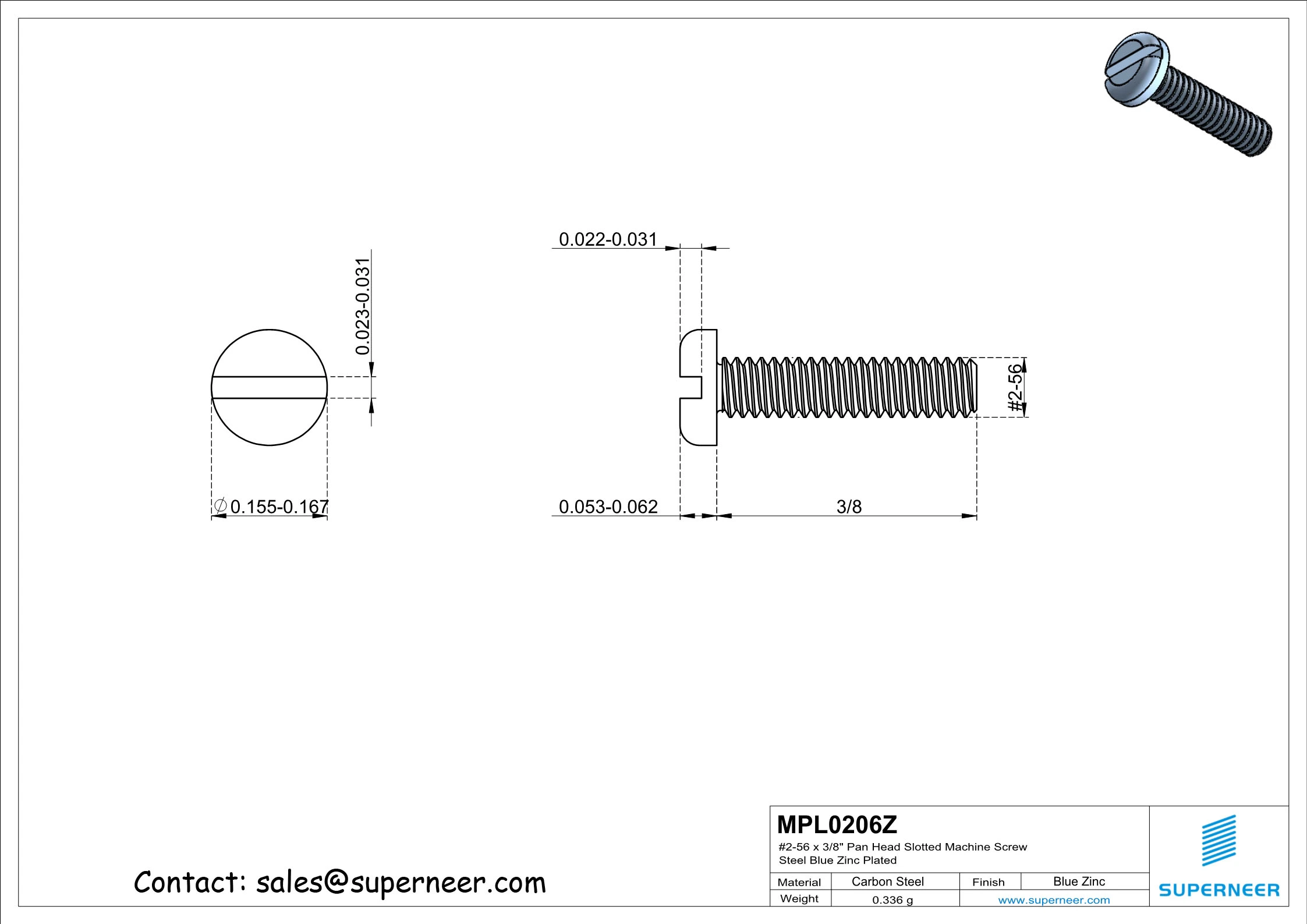 2-56 x 3/8" Pan Head Slotted Machine Screw Steel Blue Zinc Plated