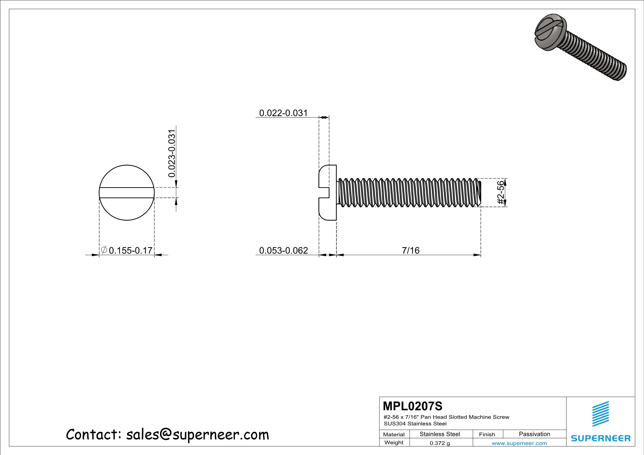 2-56 x 7/16" Pan Head Slotted Machine Screw SUS304 Stainless Steel Inox