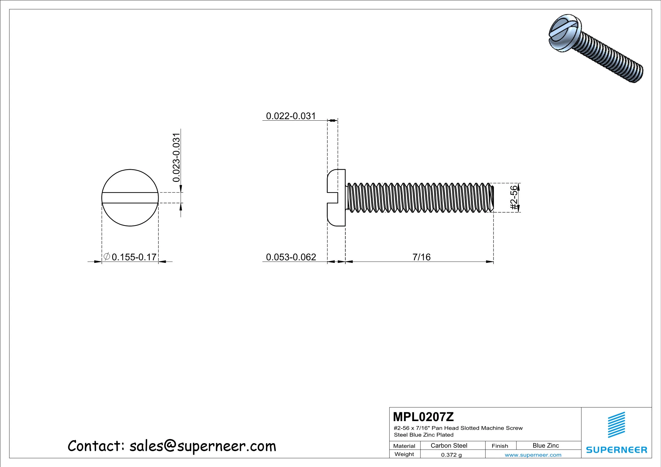 2-56 x 7/16" Pan Head Slotted Machine Screw Steel Blue Zinc Plated