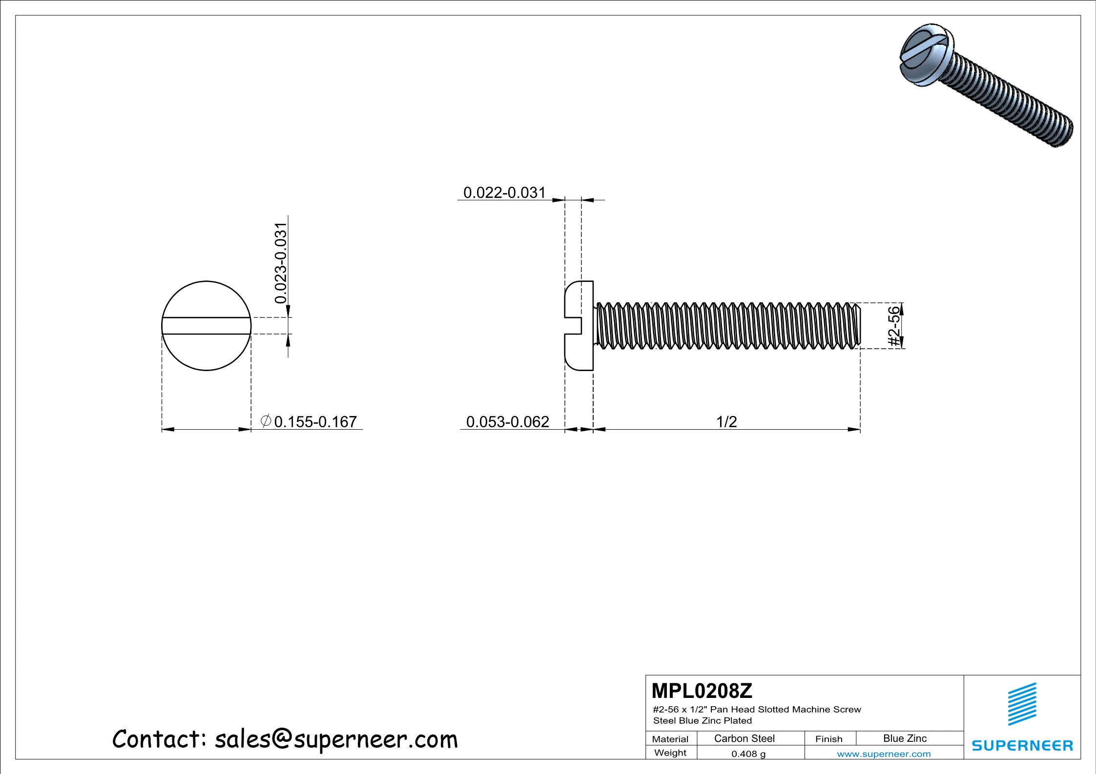 2-56 x 1/2" Pan Head Slotted Machine Screw Steel Blue Zinc Plated