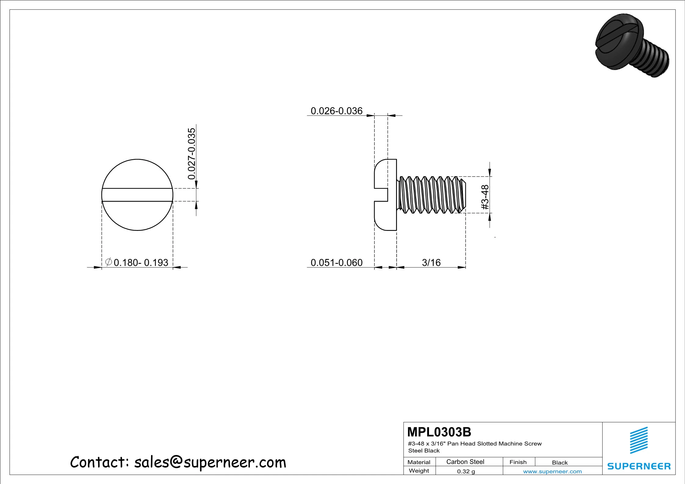 3-48 x 3/16" Pan Head Slotted Machine Screw Steel Black