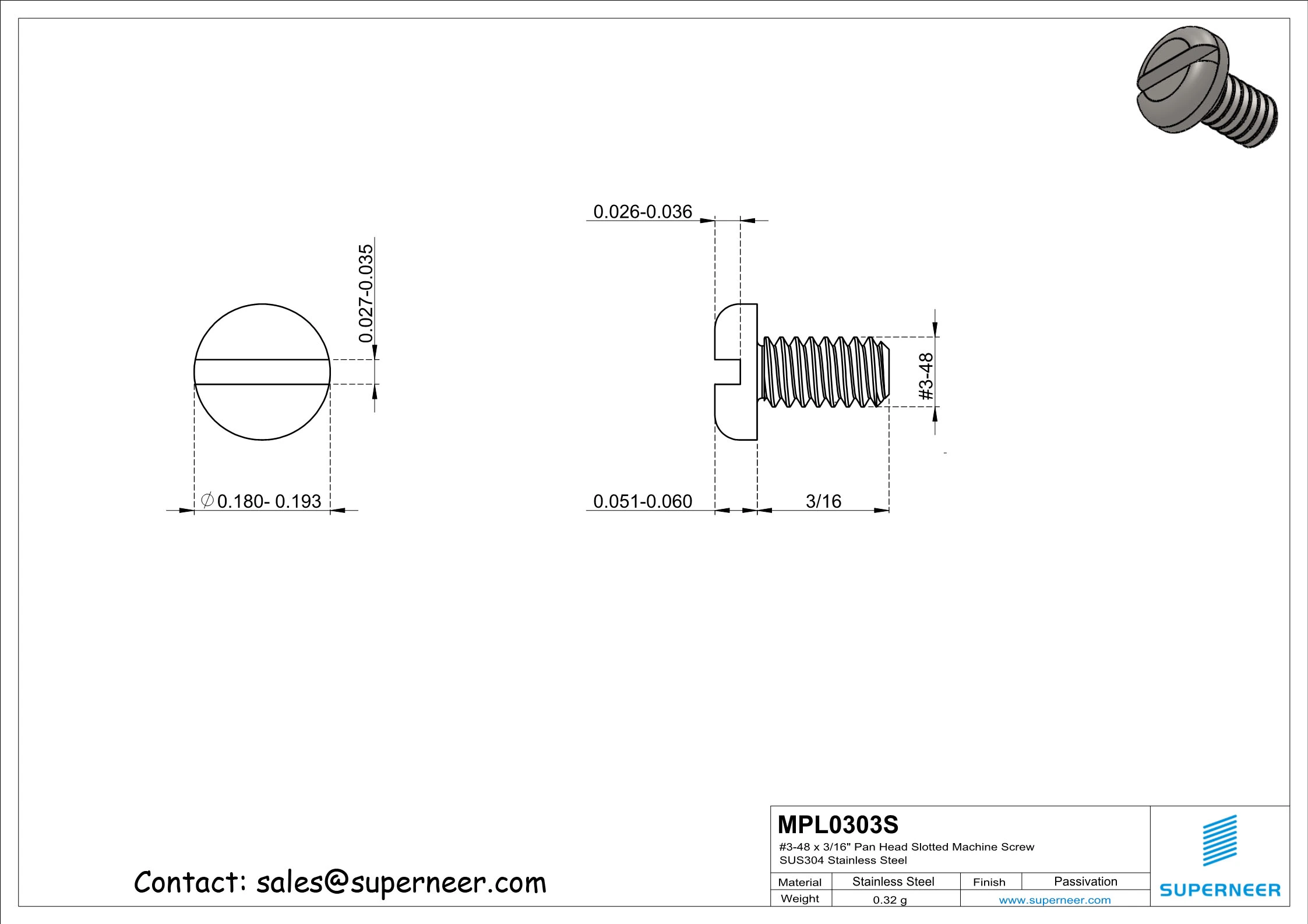 3-48 x 3/16" Pan Head Slotted Machine Screw SUS304 Stainless Steel Inox