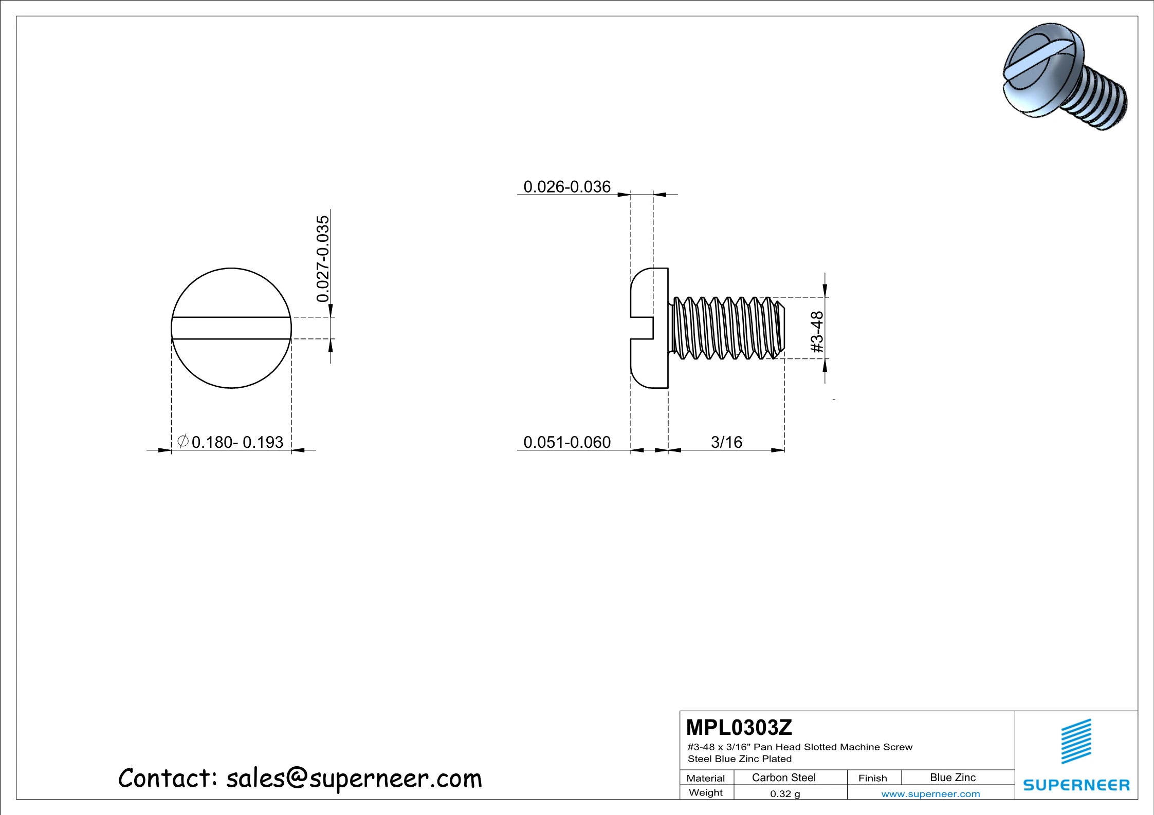 3-48 x 3/16" Pan Head Slotted Machine Screw Steel Blue Zinc Plated