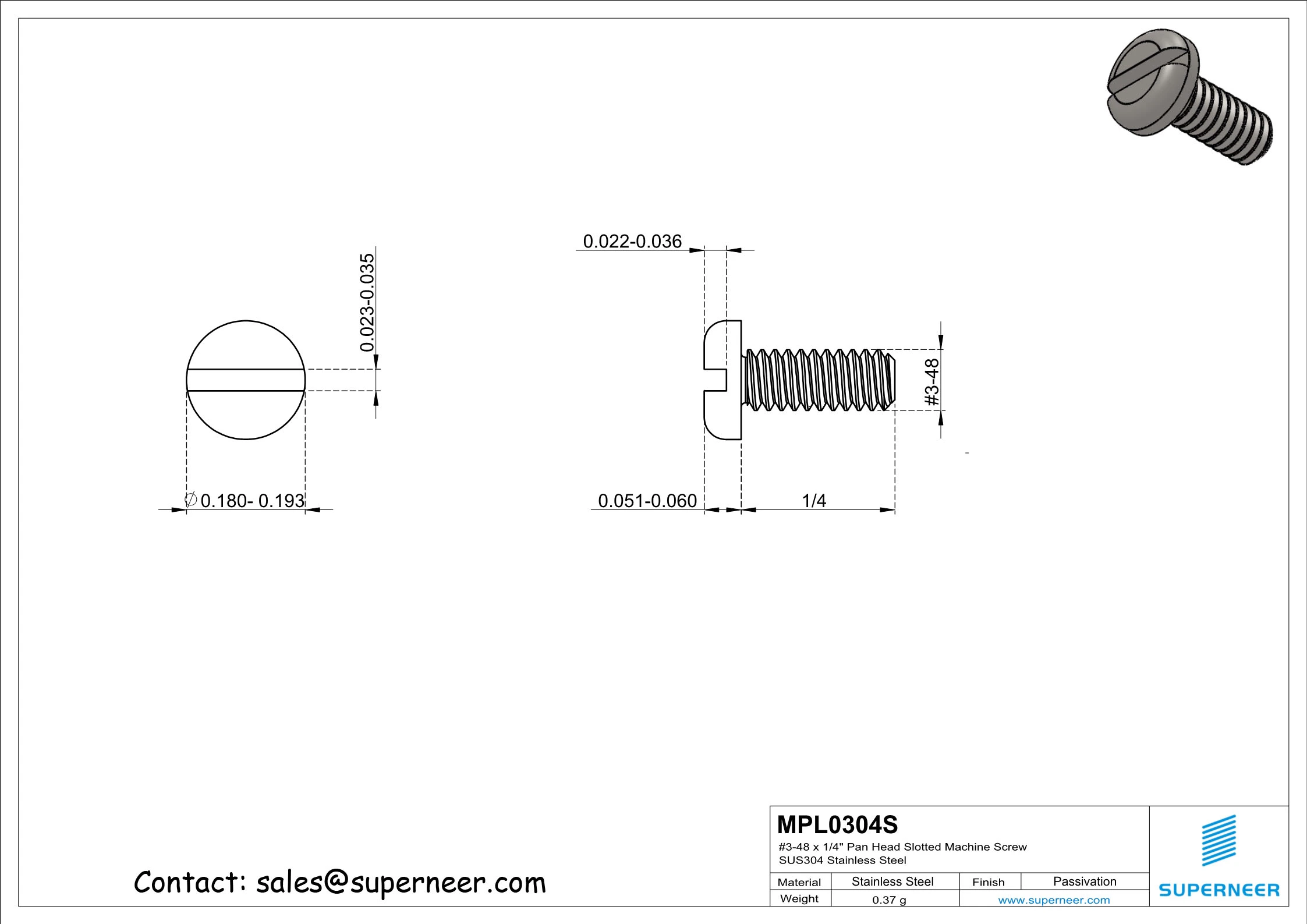 3-48 x 1/4" Pan Head Slotted Machine Screw SUS304 Stainless Steel Inox