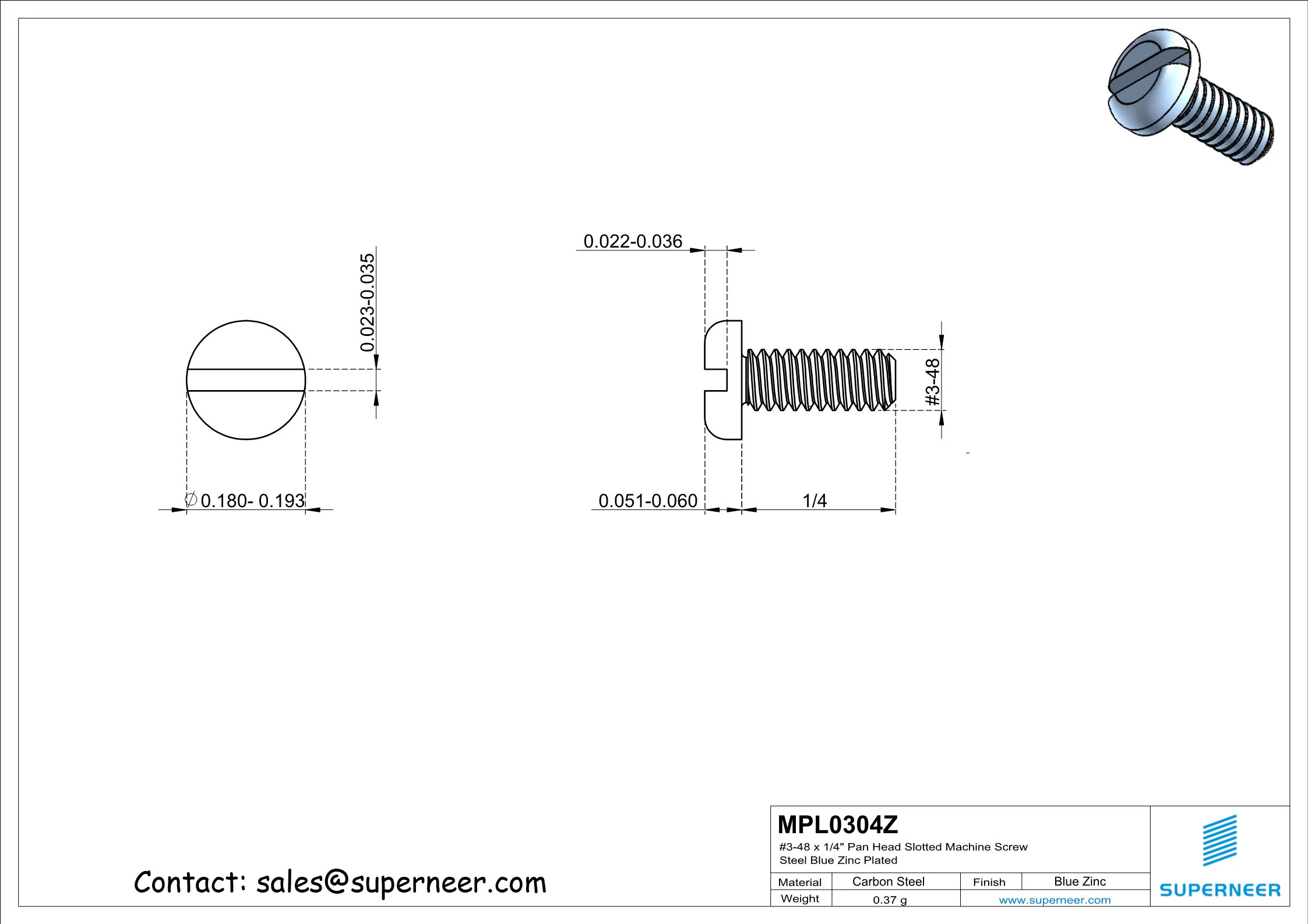 3-48 x 1/4" Pan Head Slotted Machine Screw Steel Blue Zinc Plated