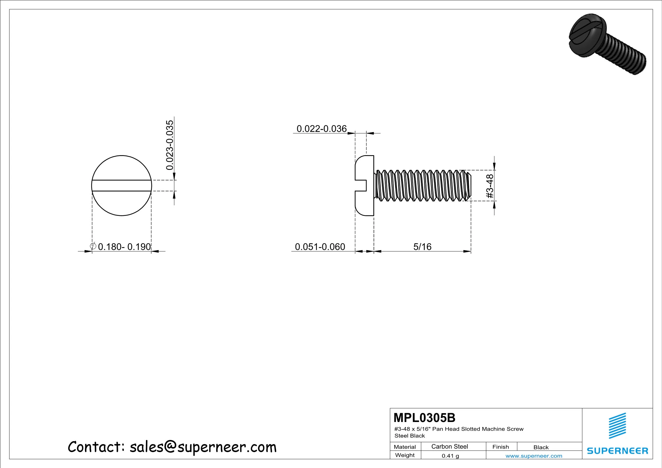 3-48 x 5/16" Pan Head Slotted Machine Screw Steel Black