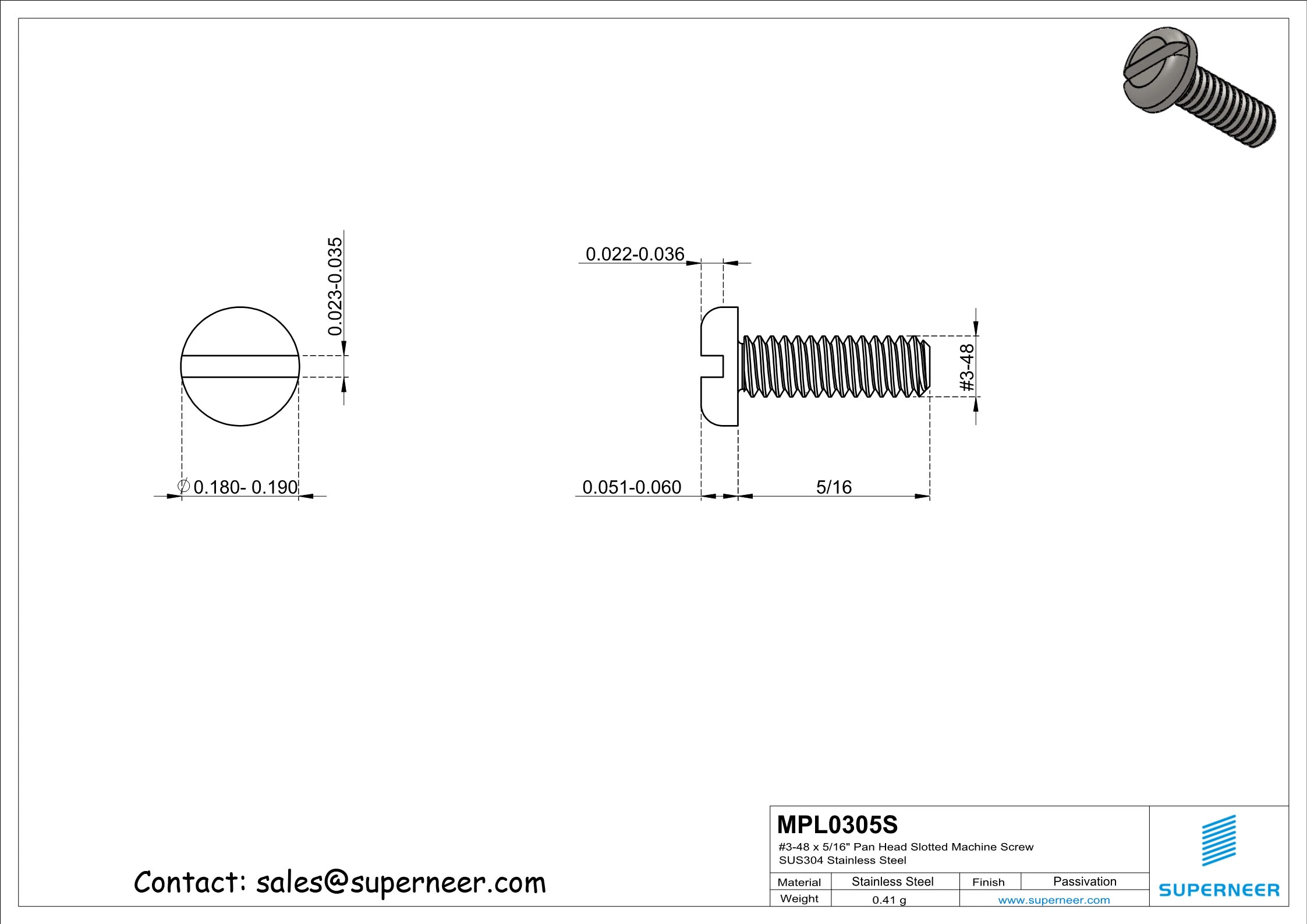 3-48 x 5/16" Pan Head Slotted Machine Screw SUS304 Stainless Steel Inox