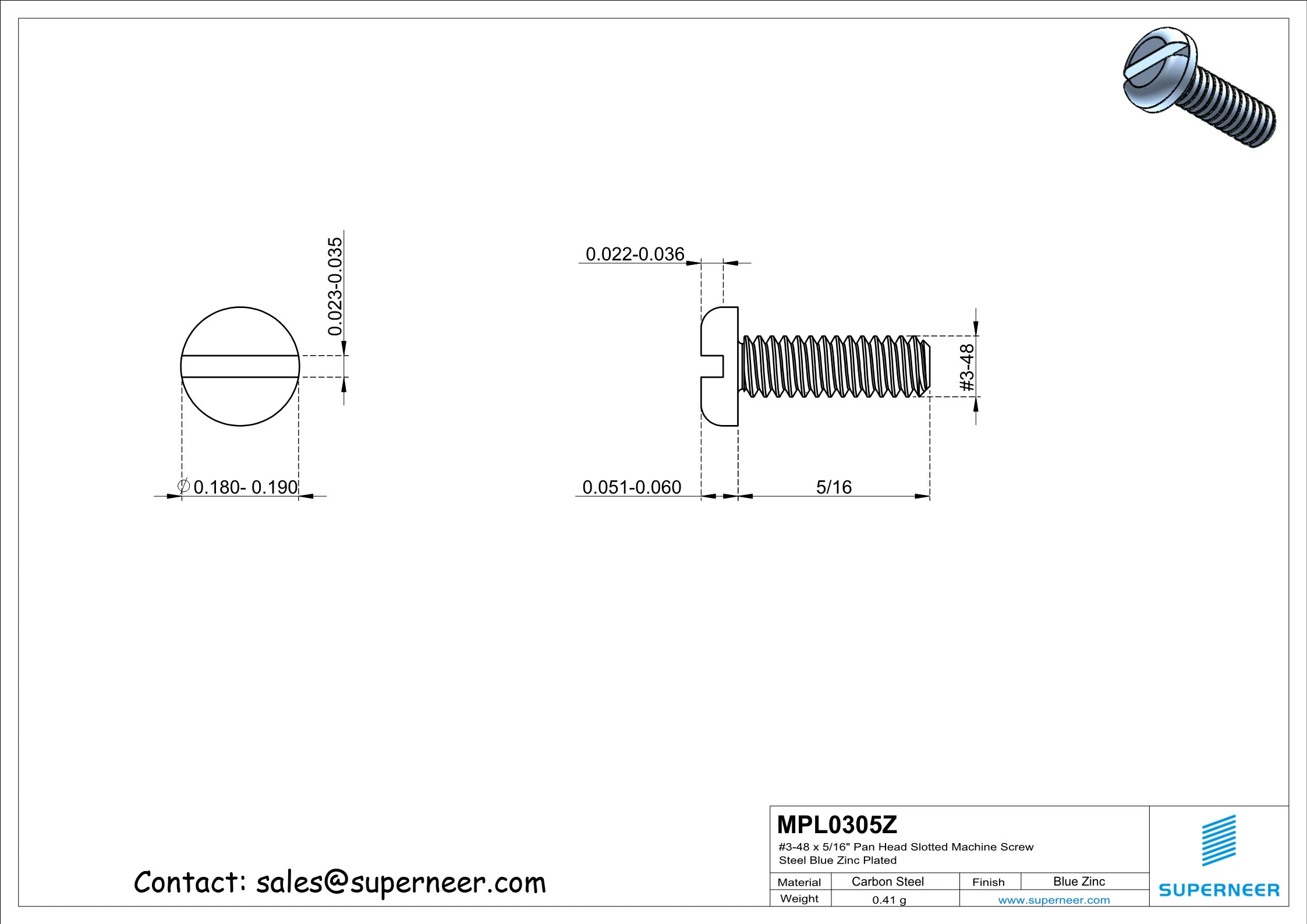 3-48 x 5/16" Pan Head Slotted Machine Screw Steel Blue Zinc Plated